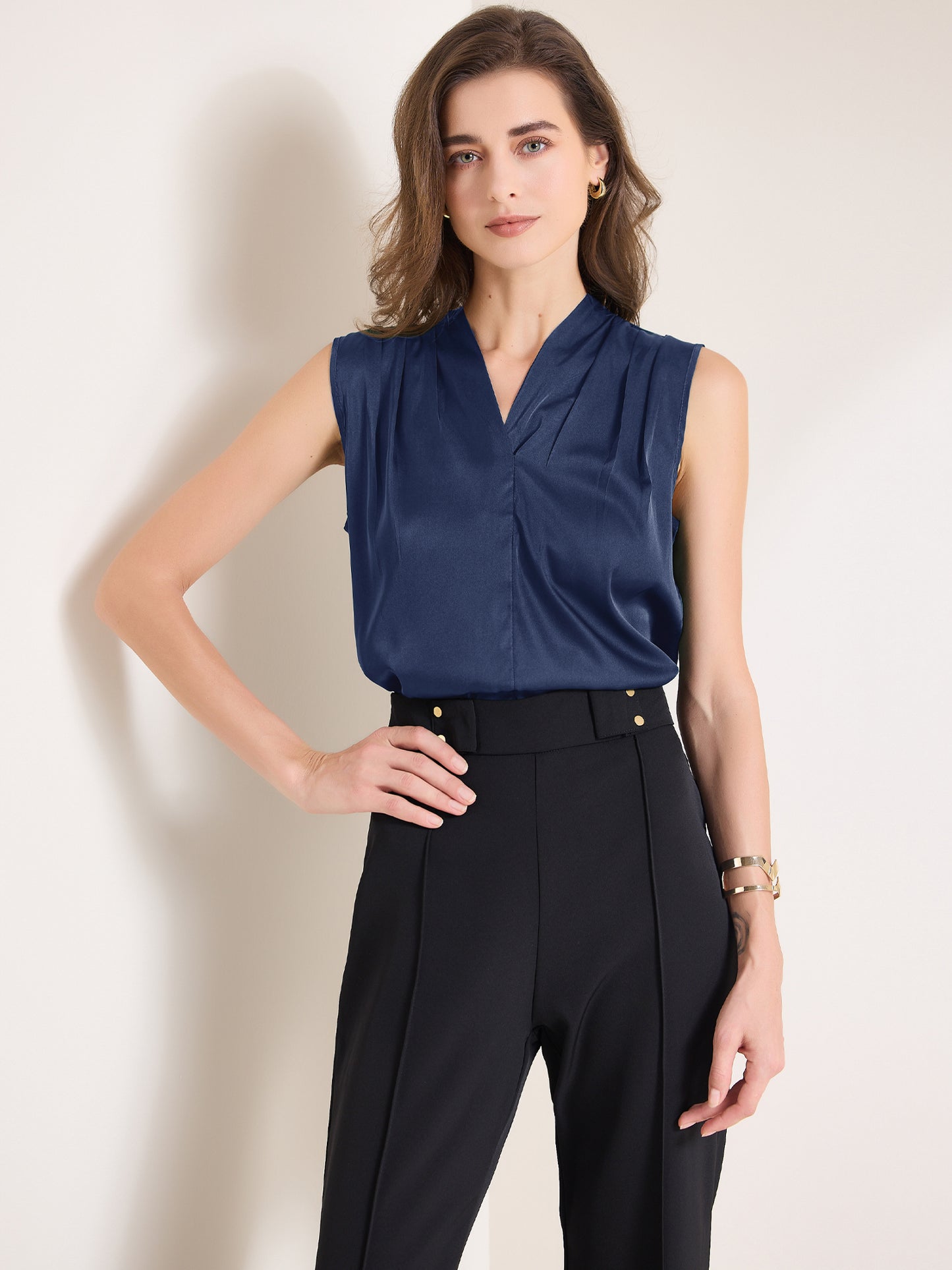 Women's Satin Tank Top V Neck Sleeveless Ruched Summer Tank Shirt