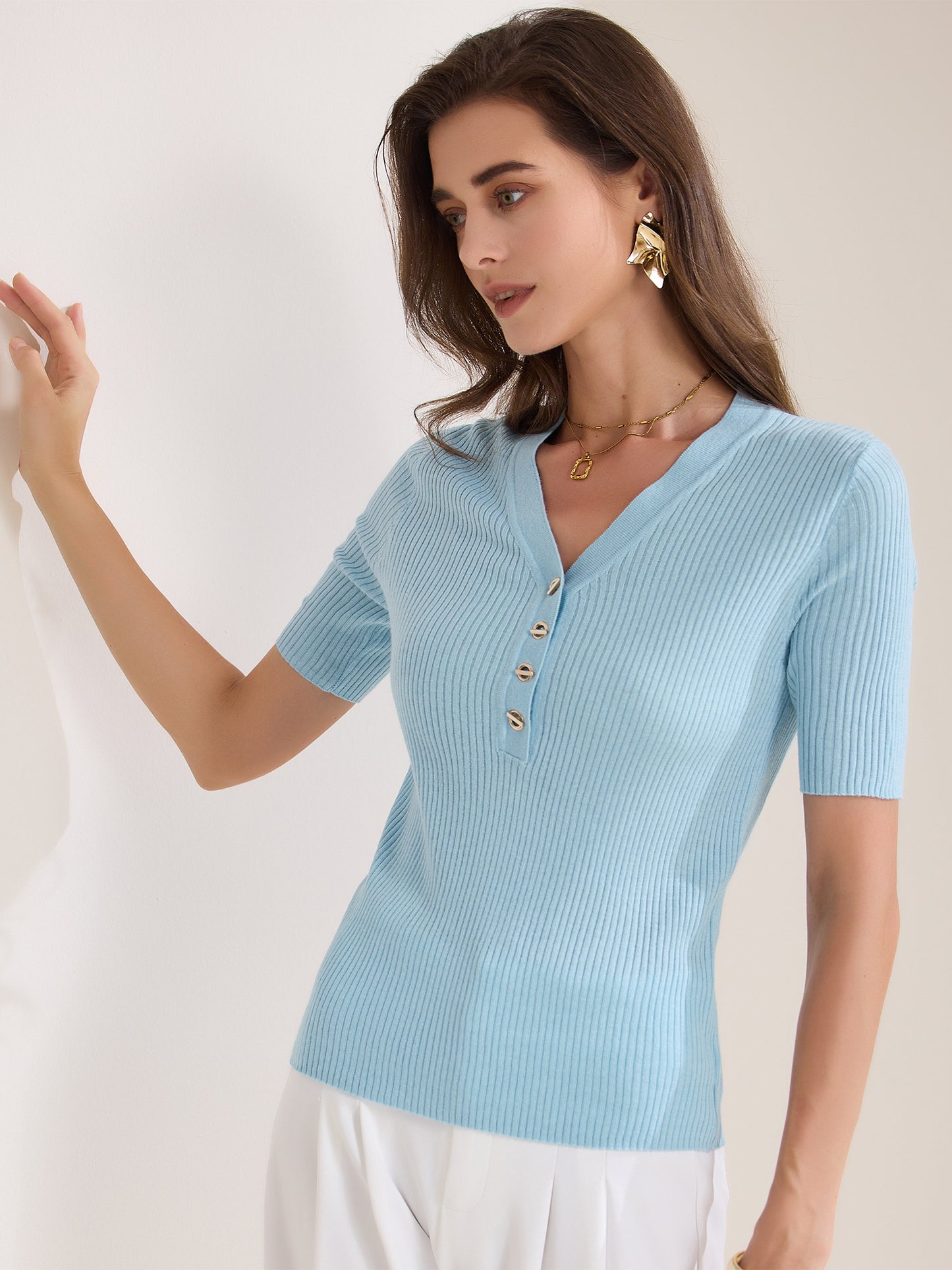 Women's Casual Ribbed Knit Tops V Neck Summer Short Sleeve Tee