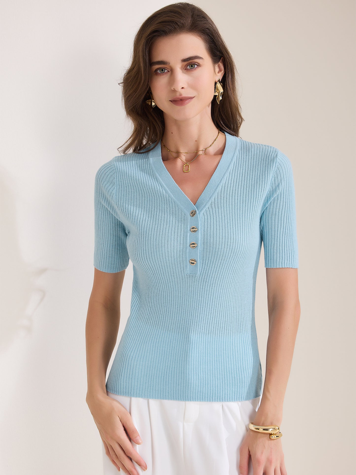 Women's Casual Ribbed Knit Tops V Neck Summer Short Sleeve Tee