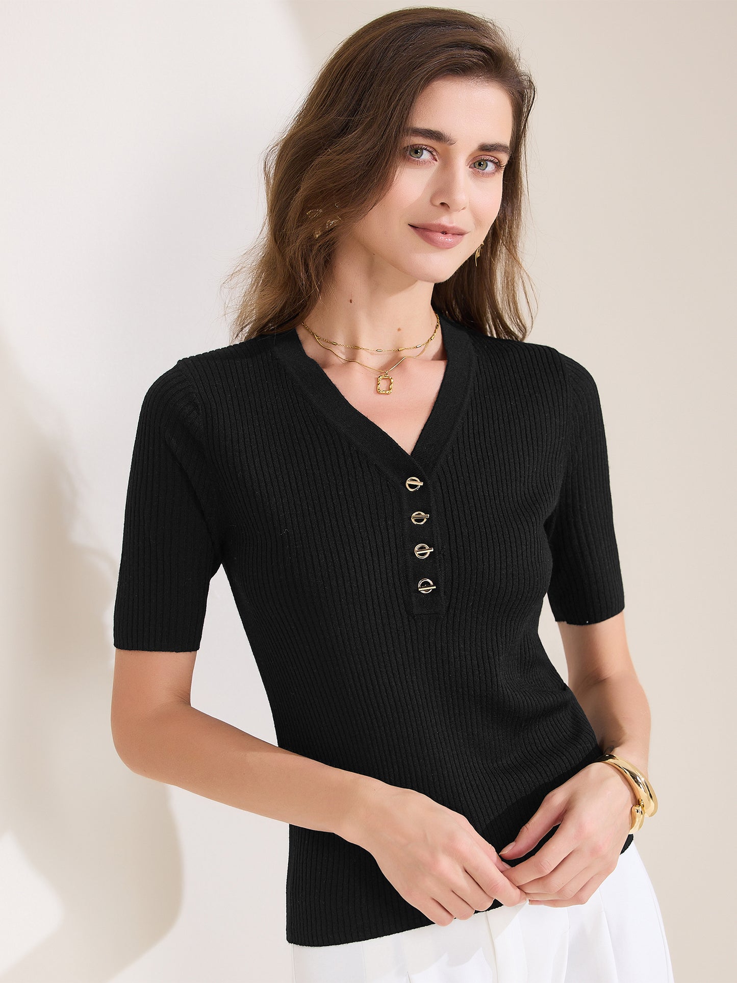 Women's Casual Ribbed Knit Tops V Neck Summer Short Sleeve Tee