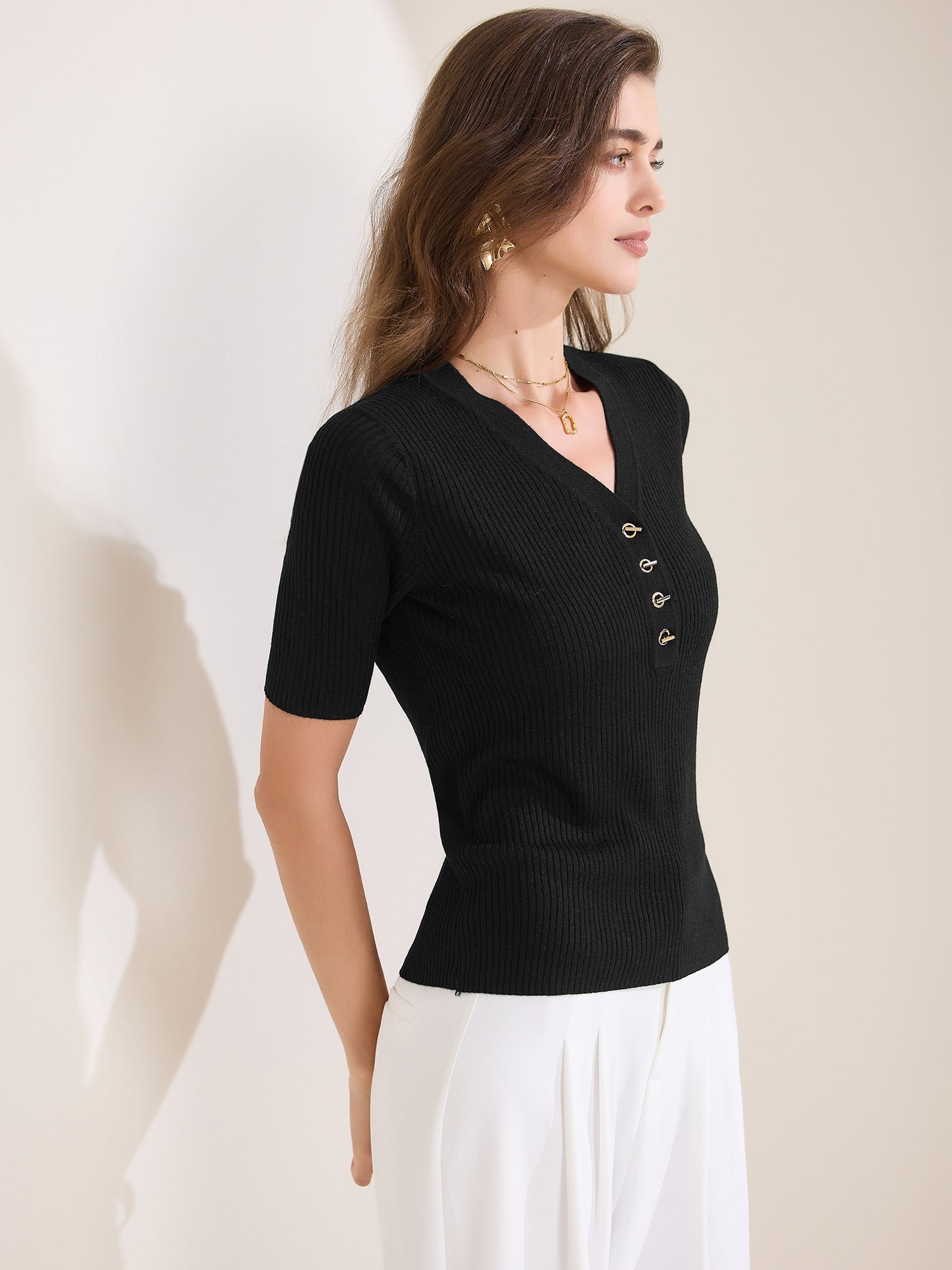 Women's Casual Ribbed Knit Tops V Neck Summer Short Sleeve Tee