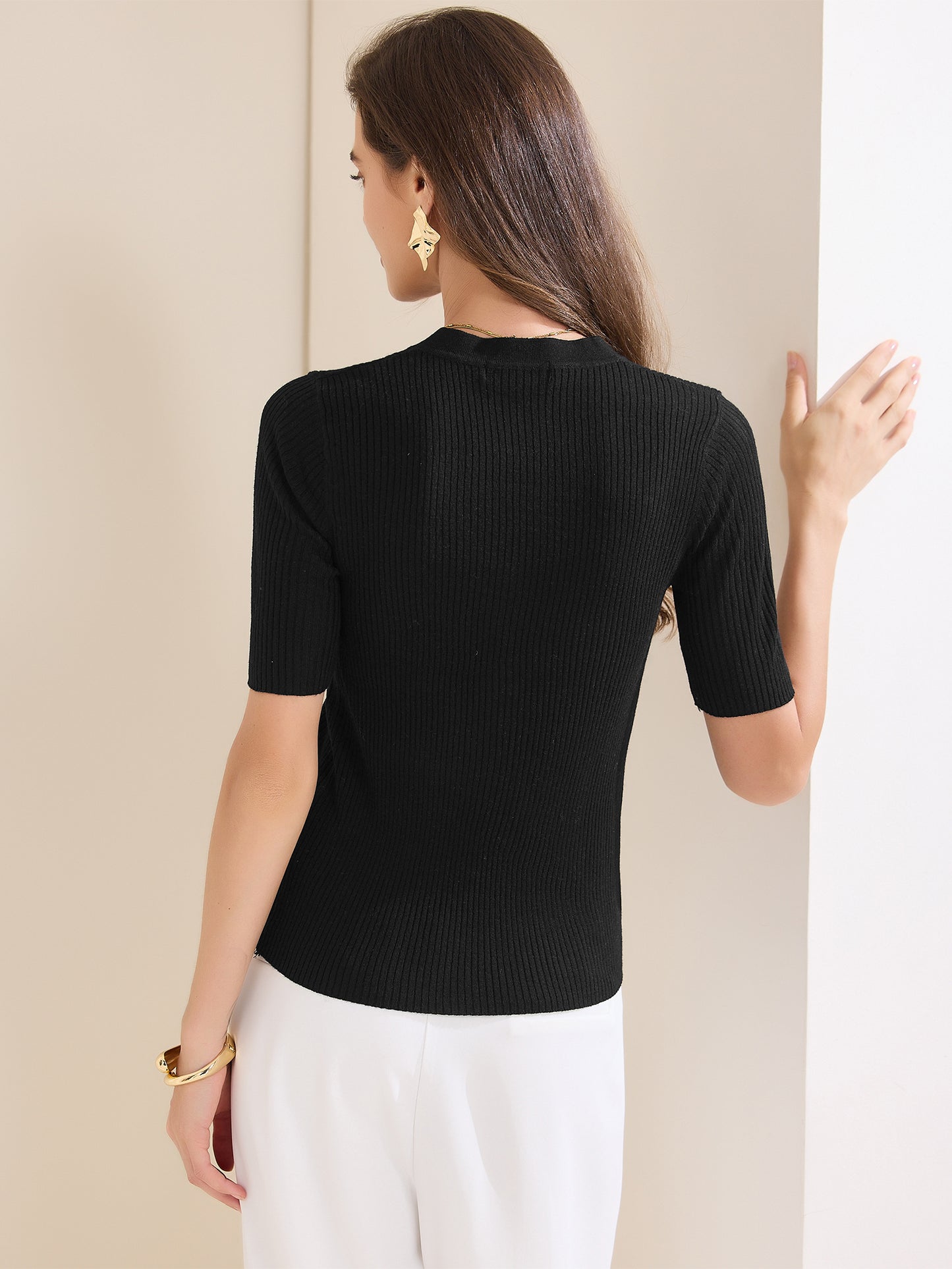 Women's Casual Ribbed Knit Tops V Neck Summer Short Sleeve Tee