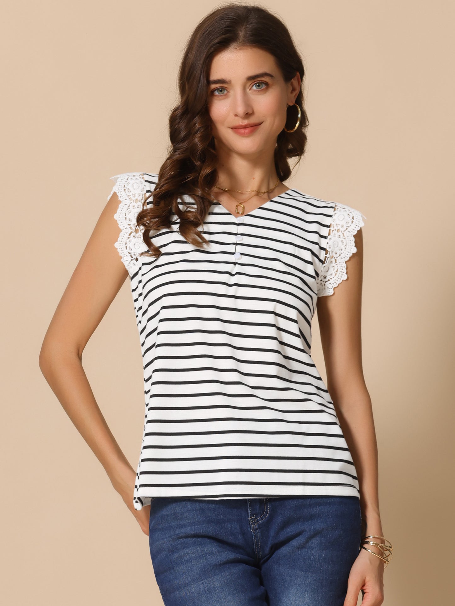 Women Striped Shirt V Neck Sleeveless Blouses Lace Patchwork Casual Summer Tank Top