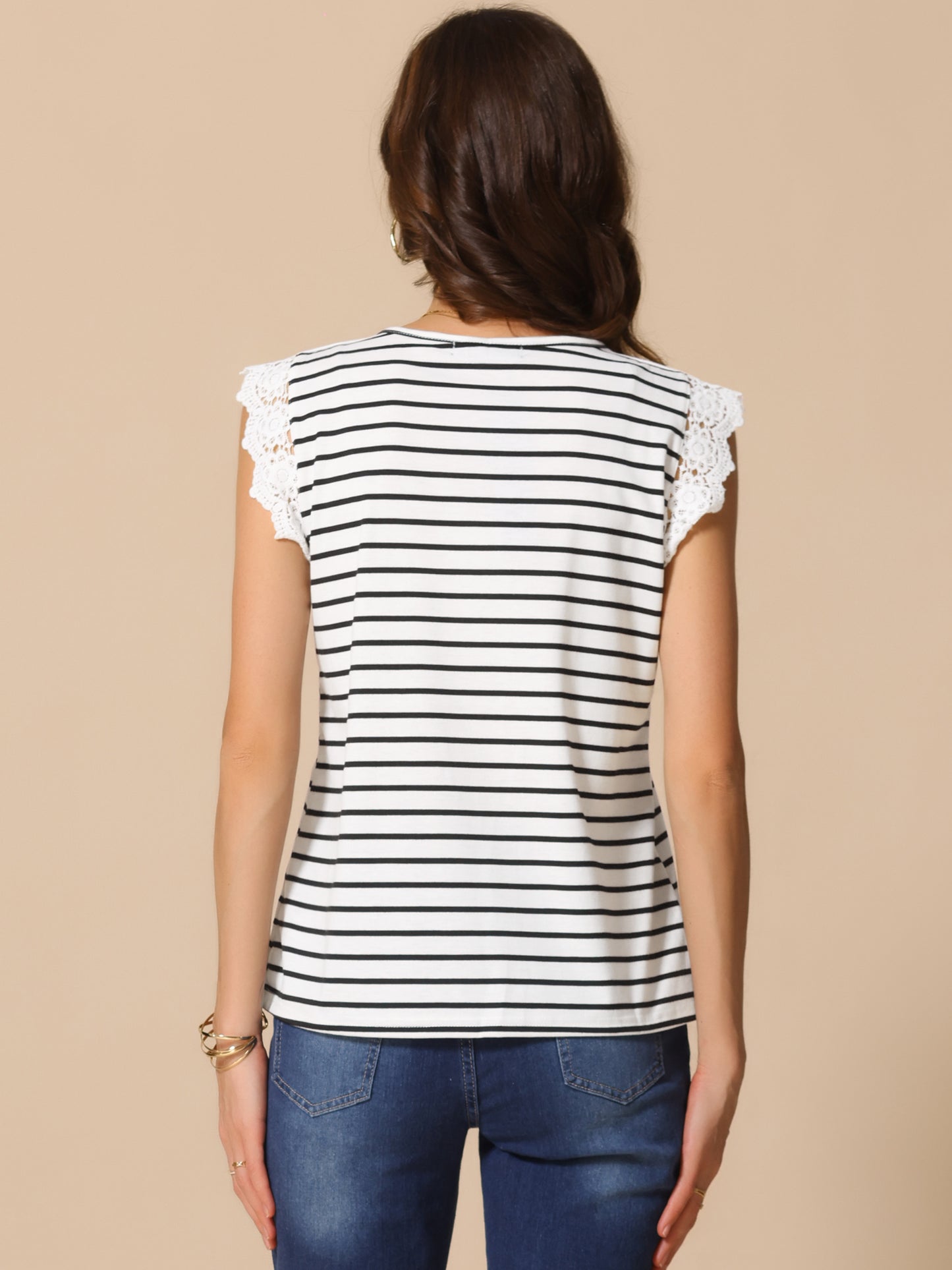 Women Striped Shirt V Neck Sleeveless Blouses Lace Patchwork Casual Summer Tank Top