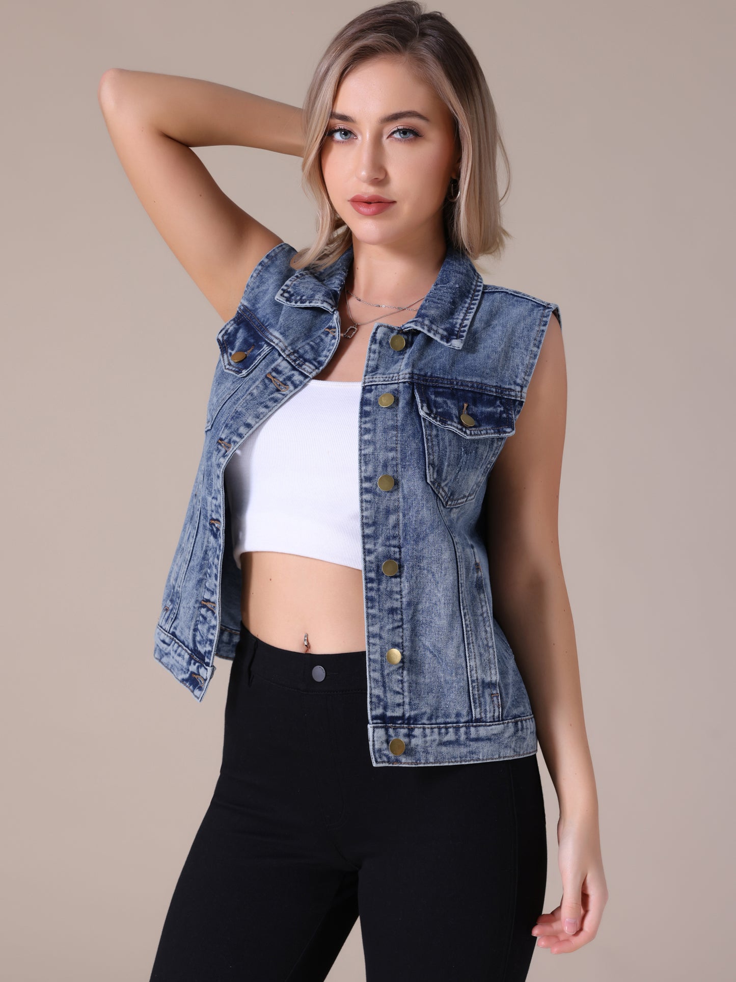 Women's Denim Vest Button Down Chest Flap Pockets Washed Distressed Sleeveless Jean Jacket
