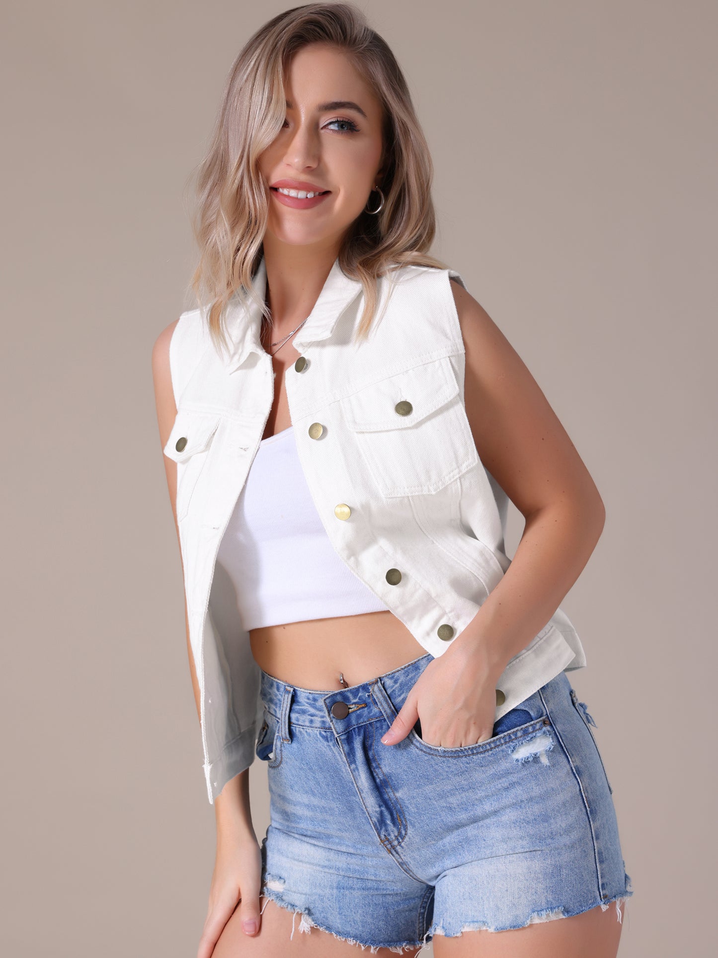 Women's Denim Vest Button Down Chest Flap Pockets Washed Distressed Sleeveless Jean Jacket