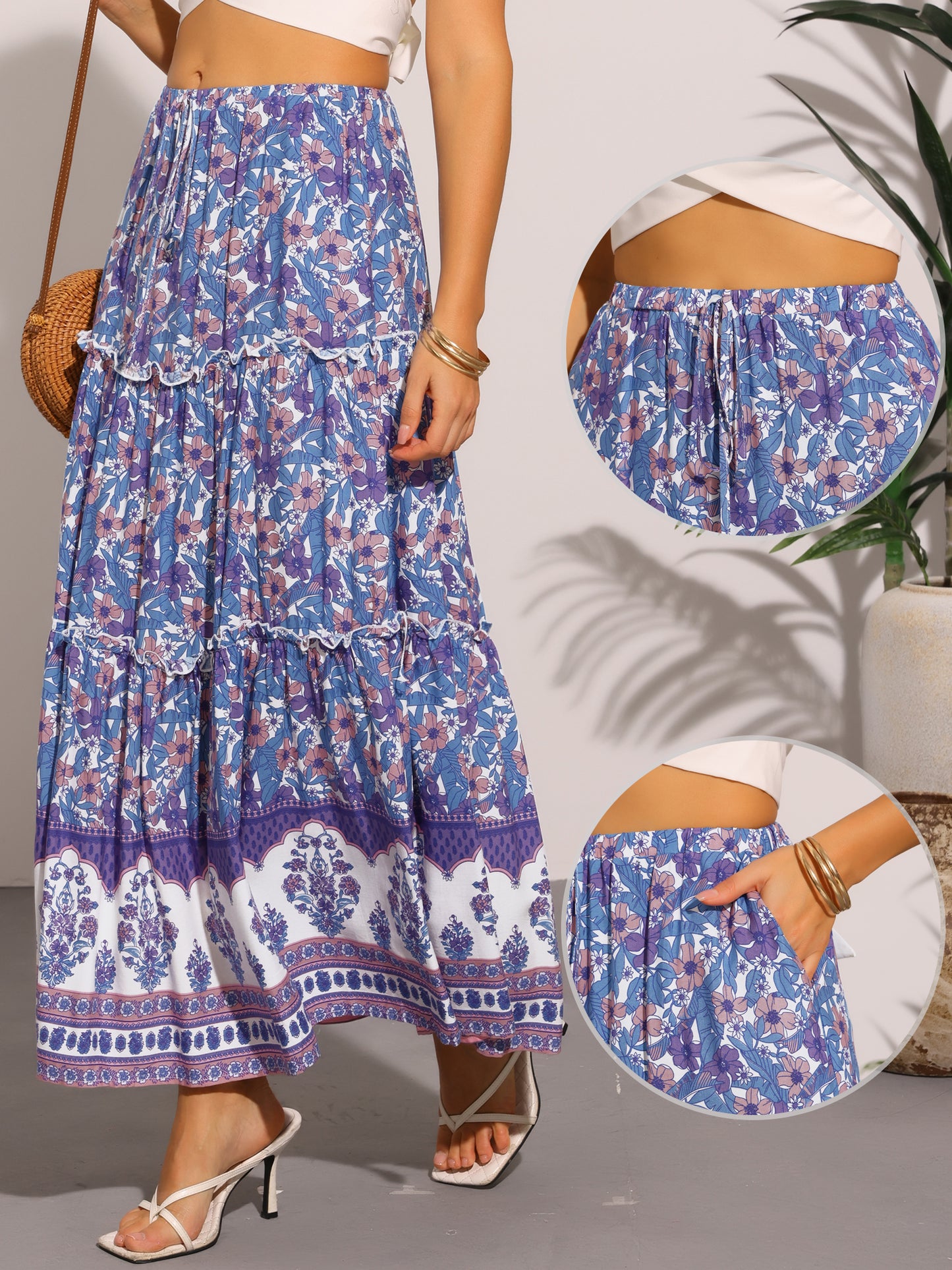 Women's Elastic High Waist Ruffle Floral Print Boho A Line Summer Maxi Skirts