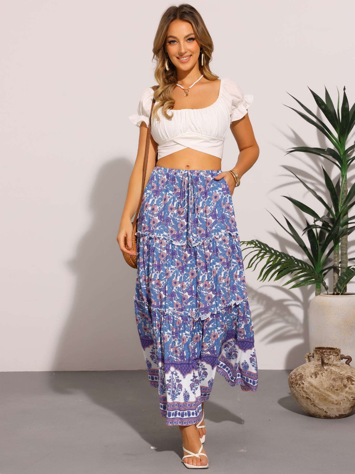 Women's Elastic High Waist Ruffle Floral Print Boho A Line Summer Maxi Skirts