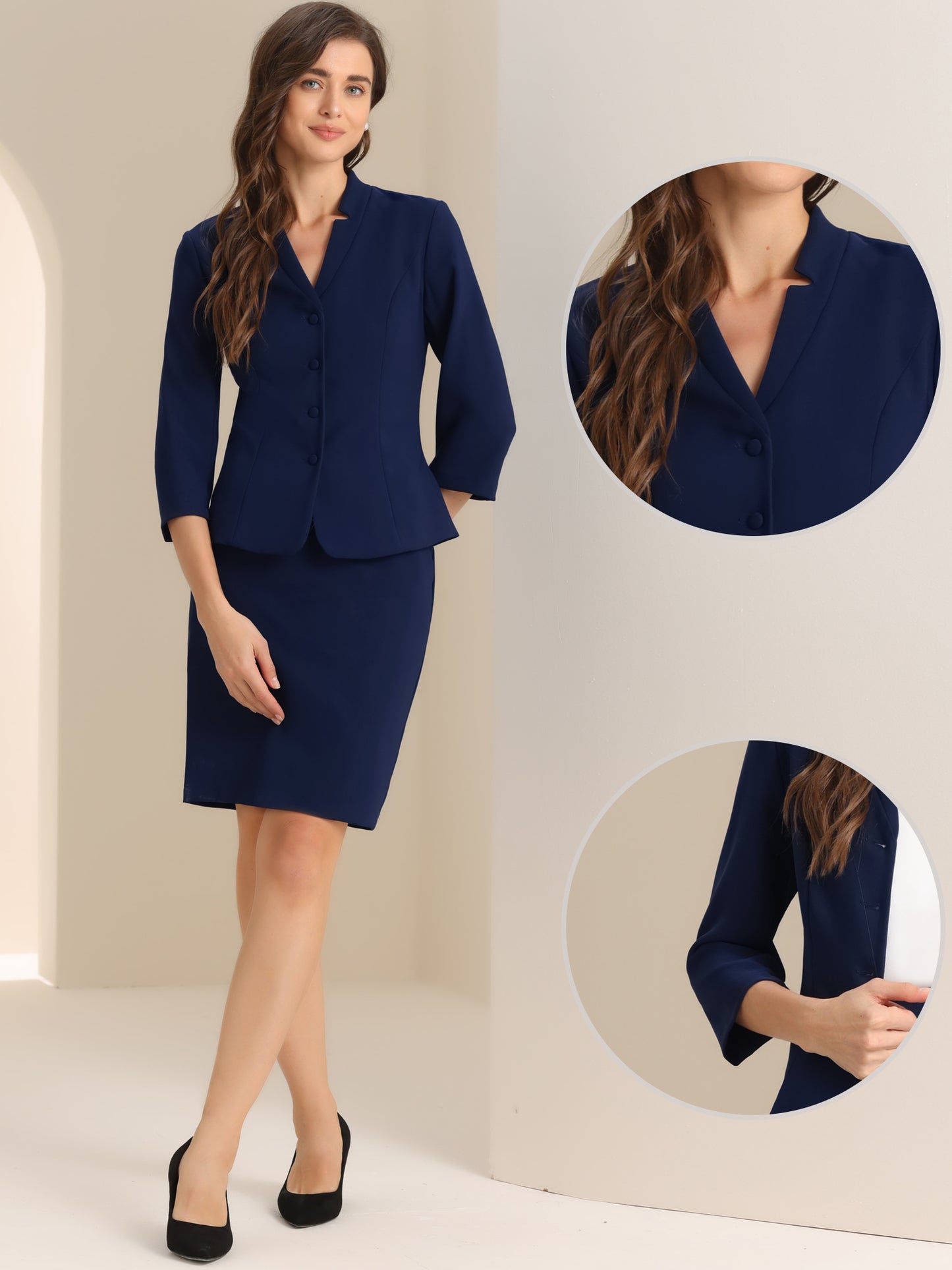 Women's 2 Piece Suit Skirt Set Notched Collar Casual Business Blazer Pencil Skirt