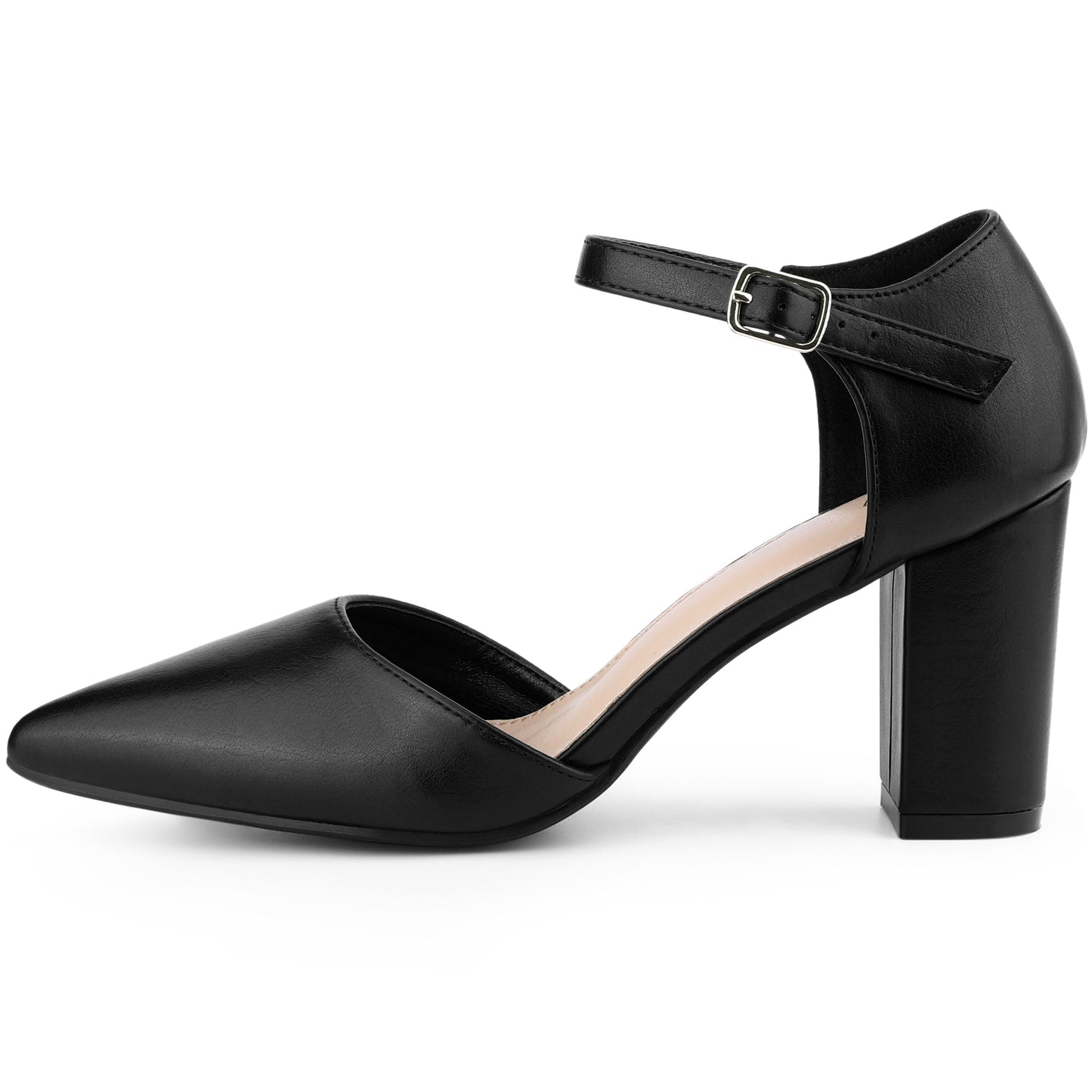 Zapatos de tacón grueso con tiras al tobillo y punta puntiaguda para mujer
