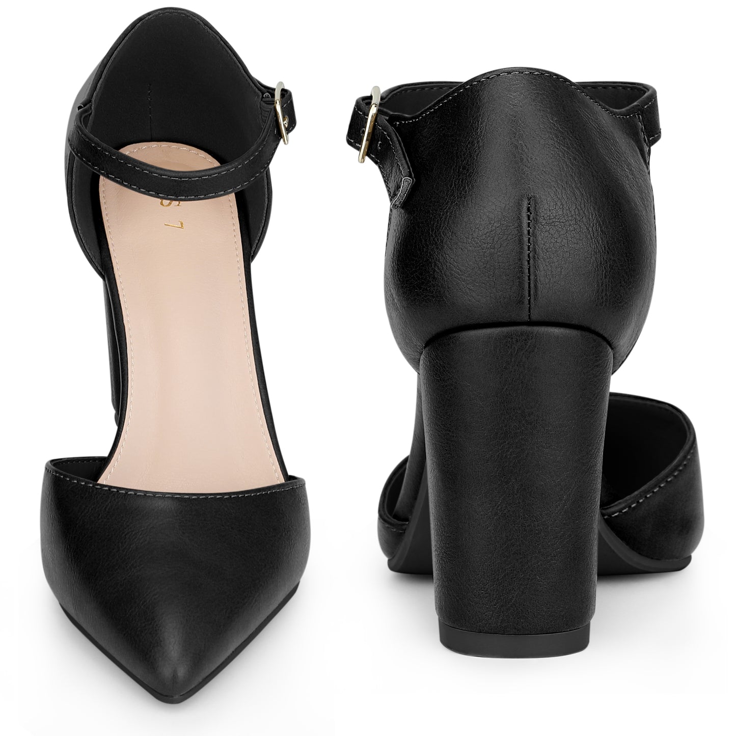 Zapatos de tacón grueso con tiras al tobillo y punta puntiaguda para mujer