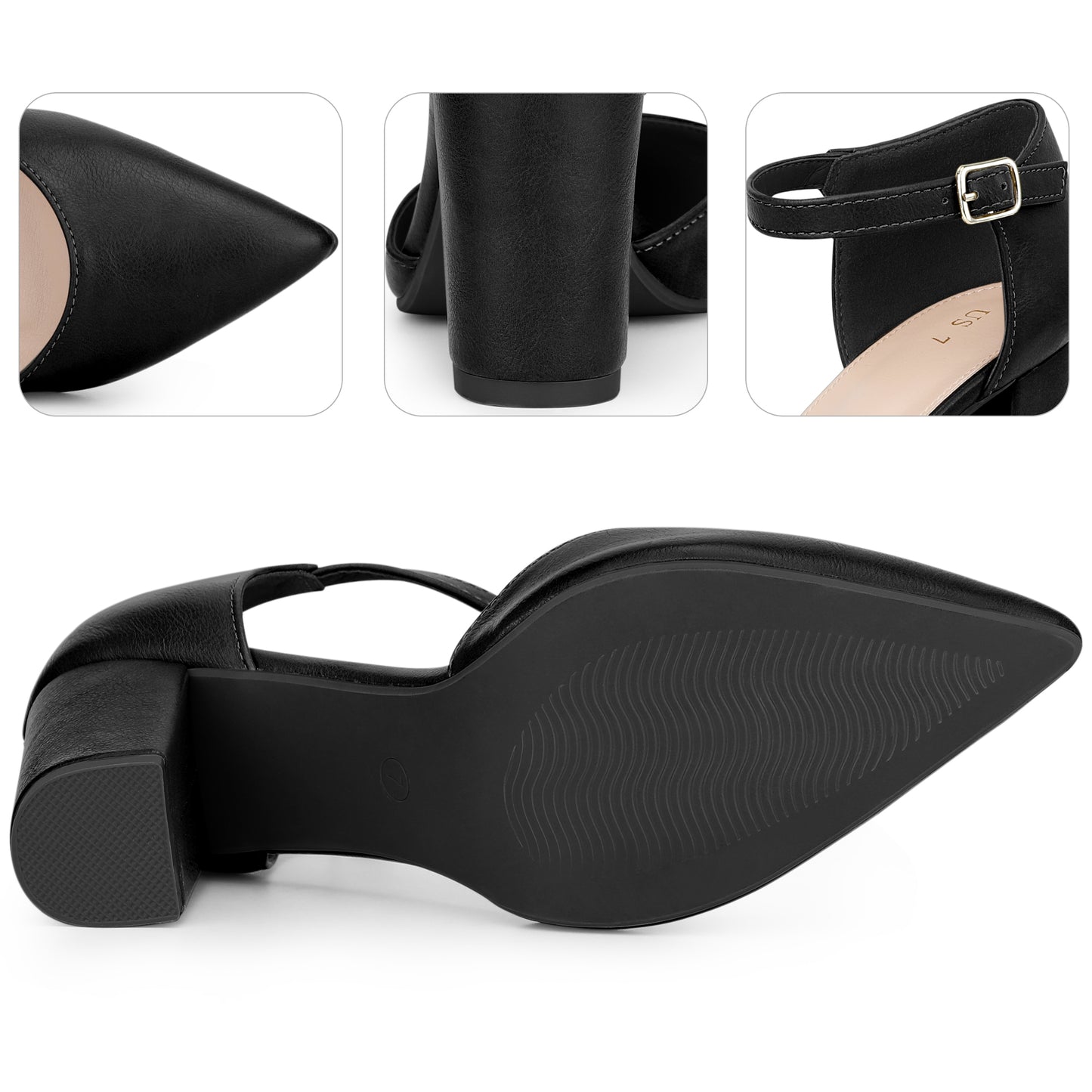 Zapatos de tacón grueso con tiras al tobillo y punta puntiaguda para mujer