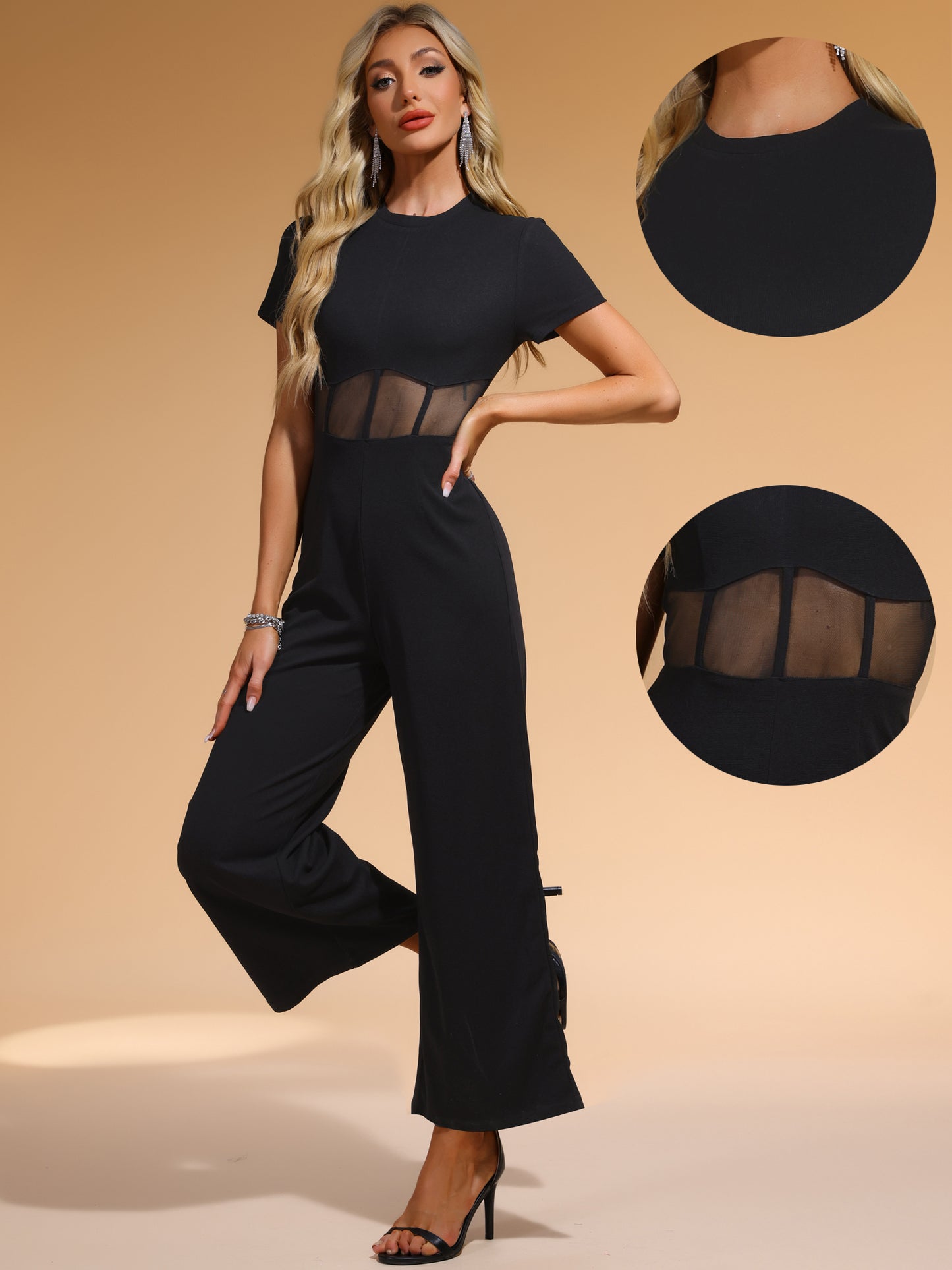 Women's Outfits Casual Crewneck Mesh Sheer Wide Leg Jumpsuit