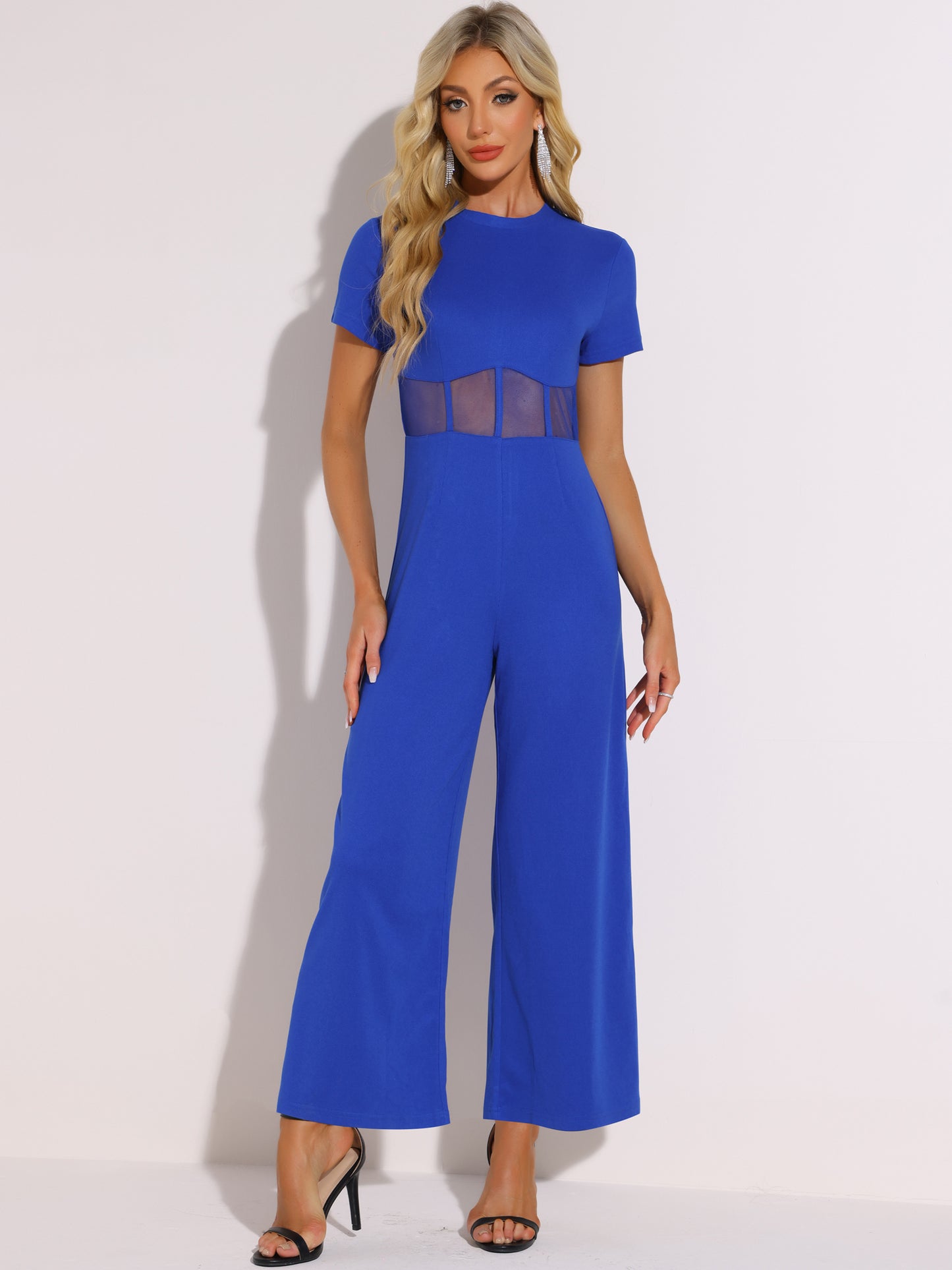 Women's Outfits Casual Crewneck Mesh Sheer Wide Leg Jumpsuit