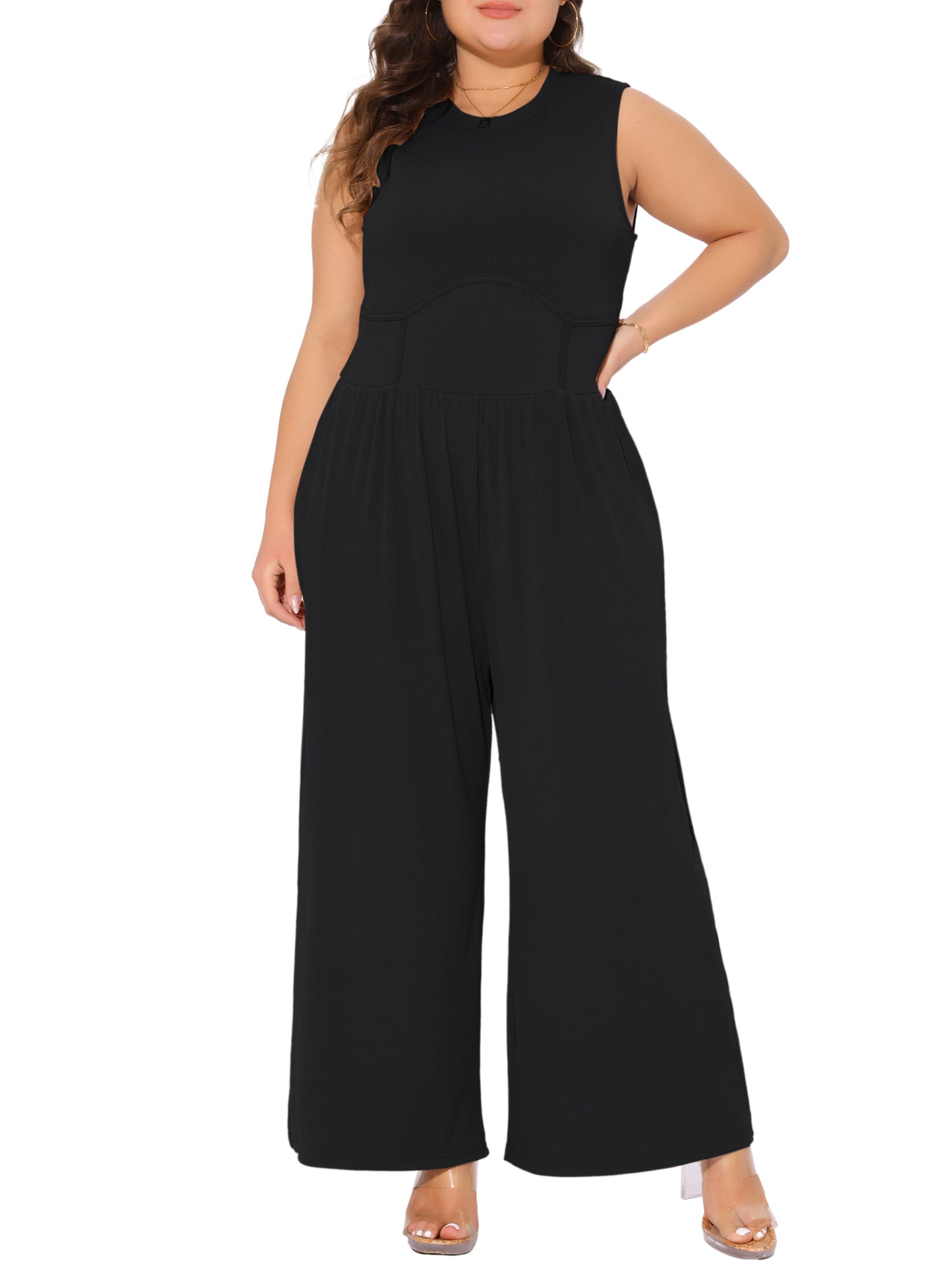 Mono de talla grande para mujer, sin mangas, con cuello redondo, elegante, de pierna ancha y con bolsillos, para verano