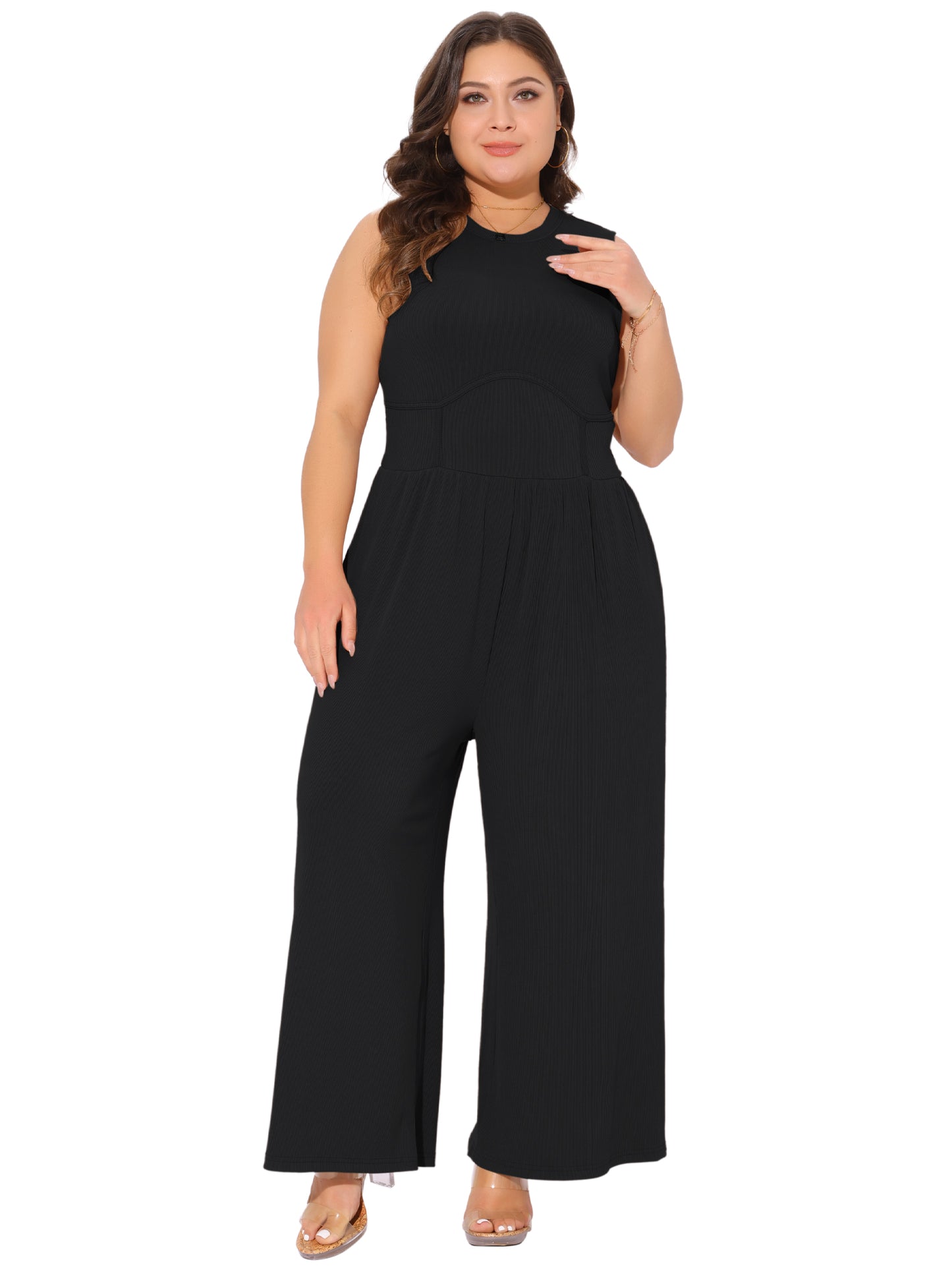 Mono de talla grande para mujer, sin mangas, con cuello redondo, elegante, de pierna ancha y con bolsillos, para verano