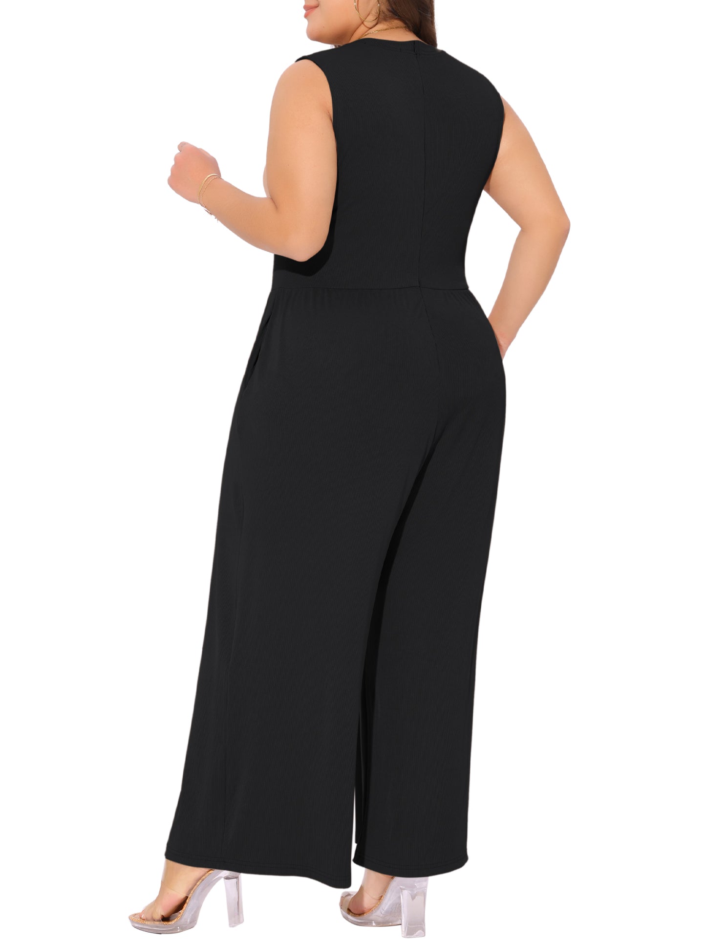 Mono de talla grande para mujer, sin mangas, con cuello redondo, elegante, de pierna ancha y con bolsillos, para verano