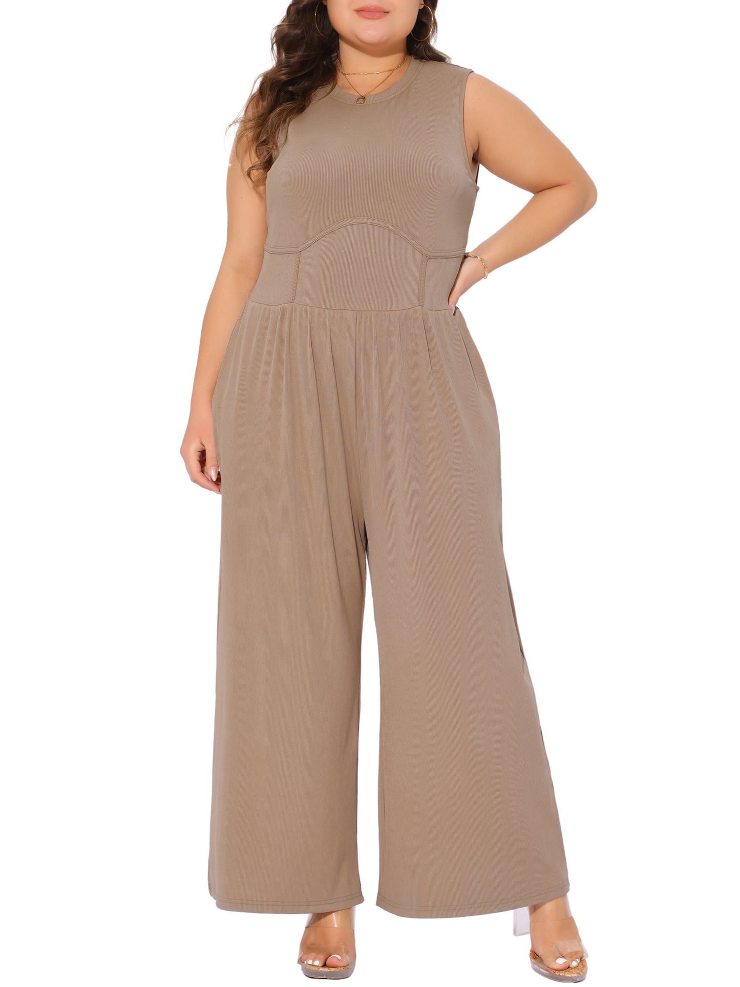 Women Plus Size Jumpsuit Sleeveless Crew Neck Overalls Dressy Wide Leg with Pocket Rompers Summer