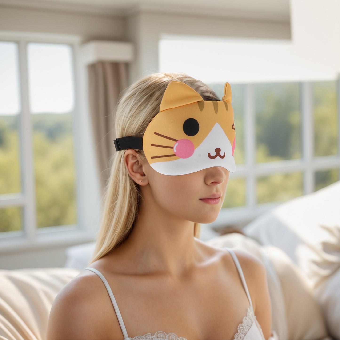 Soft Happy Cat Eyes Sleep Mask Eye Shade Cover for Rest Yellow White