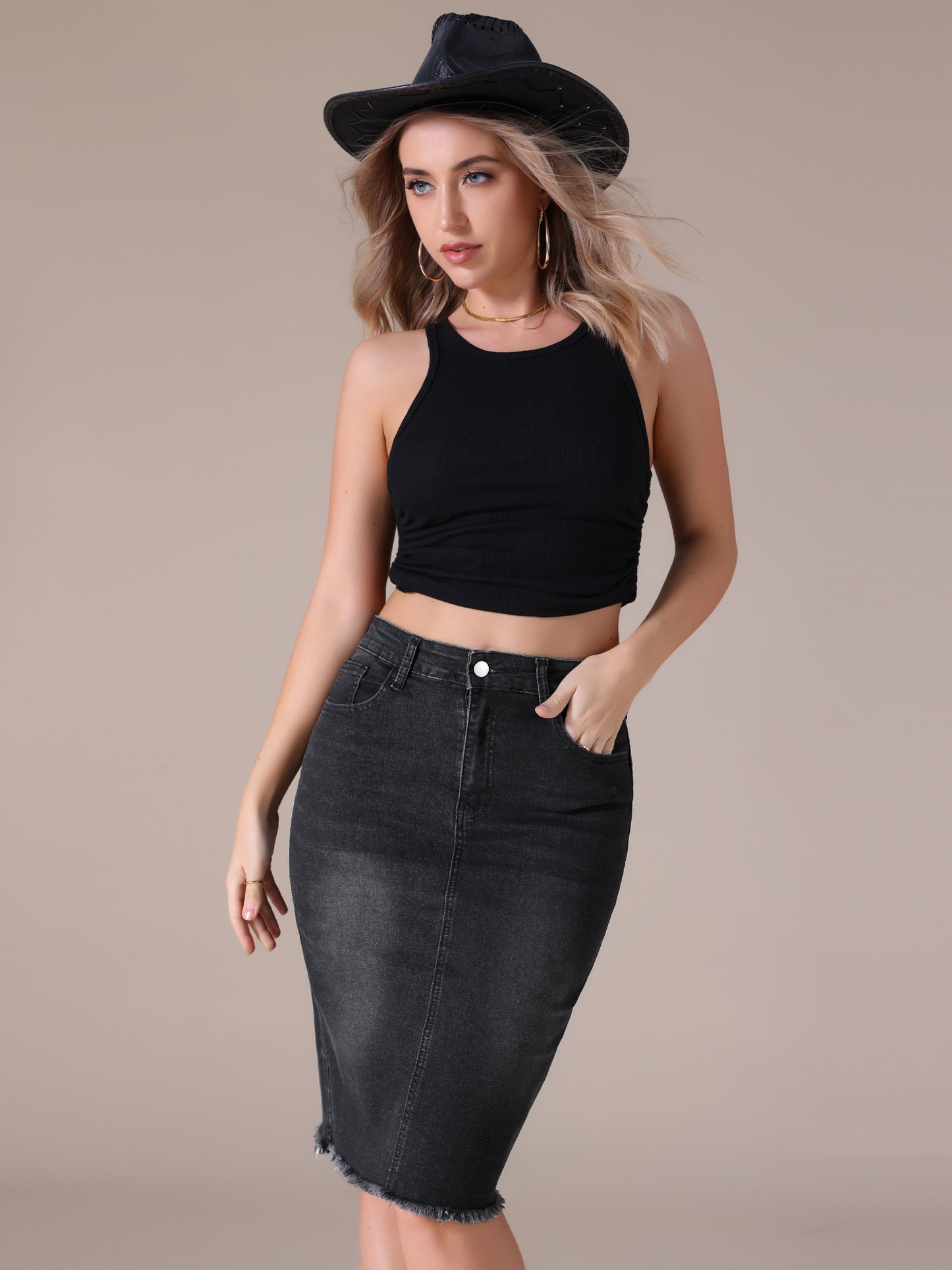 Women's Denim Skirt Raw Hem High Waisted Pockets Stretch Knee Length Jean Skirt