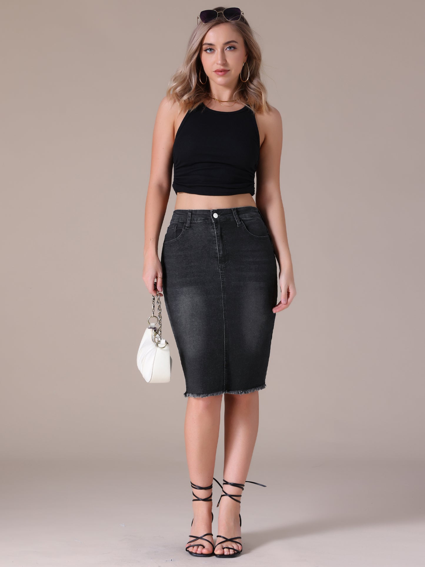 Women's Denim Skirt Raw Hem High Waisted Pockets Stretch Knee Length Jean Skirt