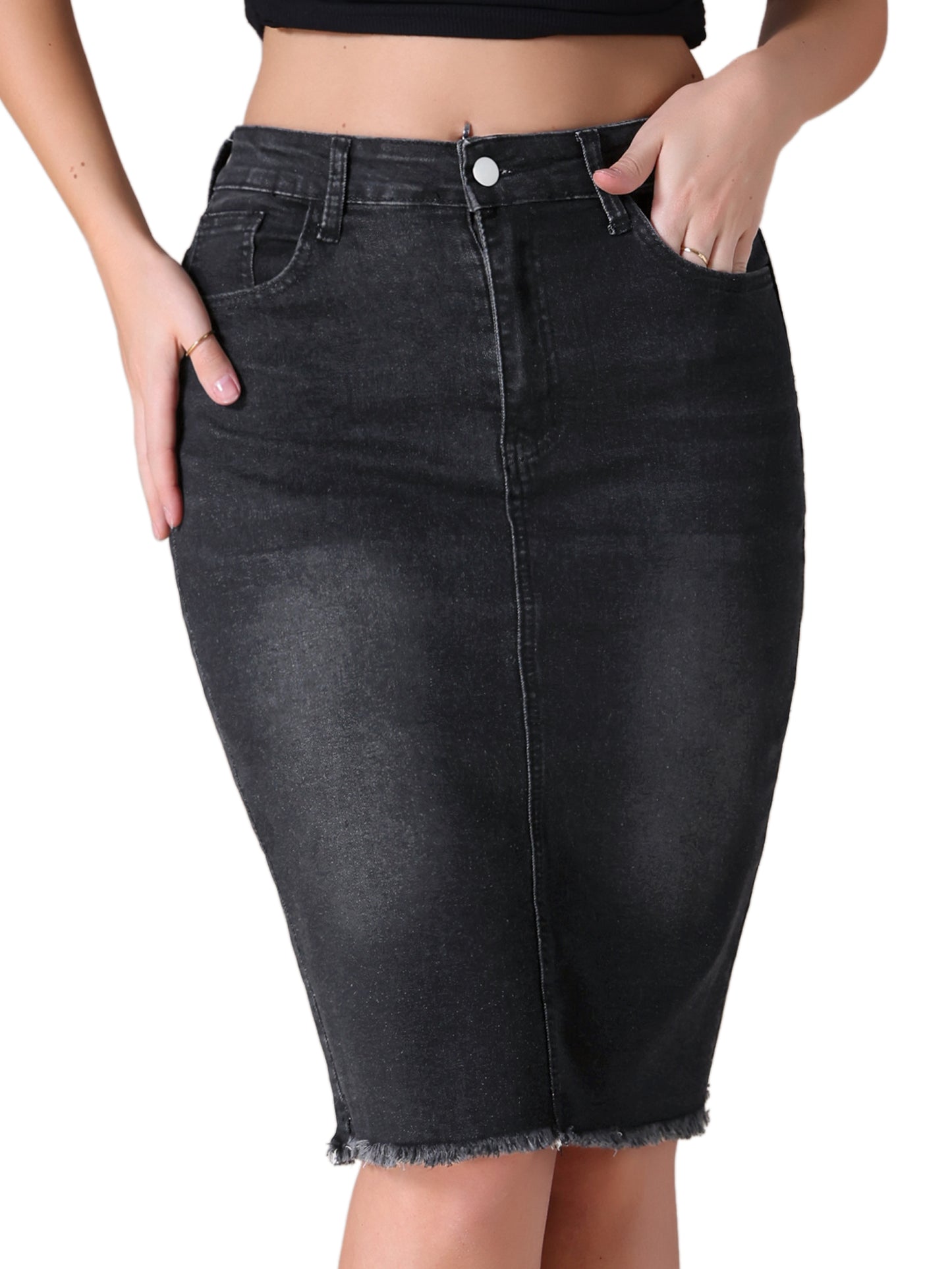 Women's Denim Skirt Raw Hem High Waisted Pockets Stretch Knee Length Jean Skirt