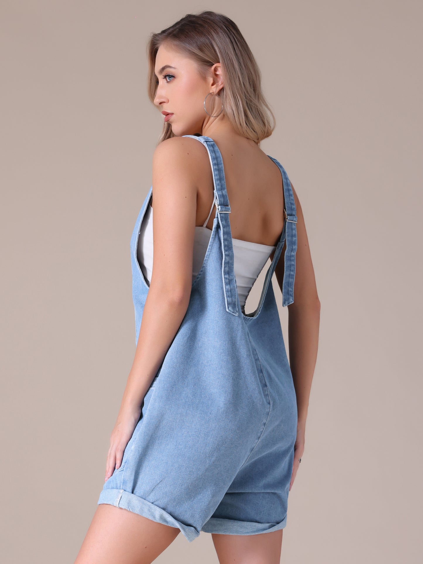 Women's Denim Romper Sleeveless Casual Loose Jean Overall Shorts with Pockets