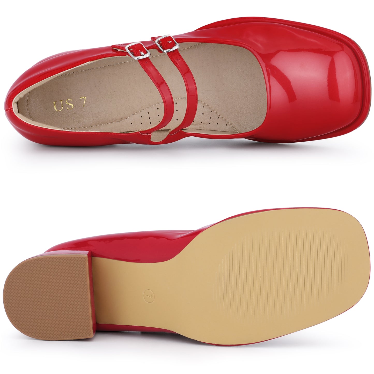 Zapatos Mary Jane de tacón cuadrado con doble tira y punta cuadrada para mujer