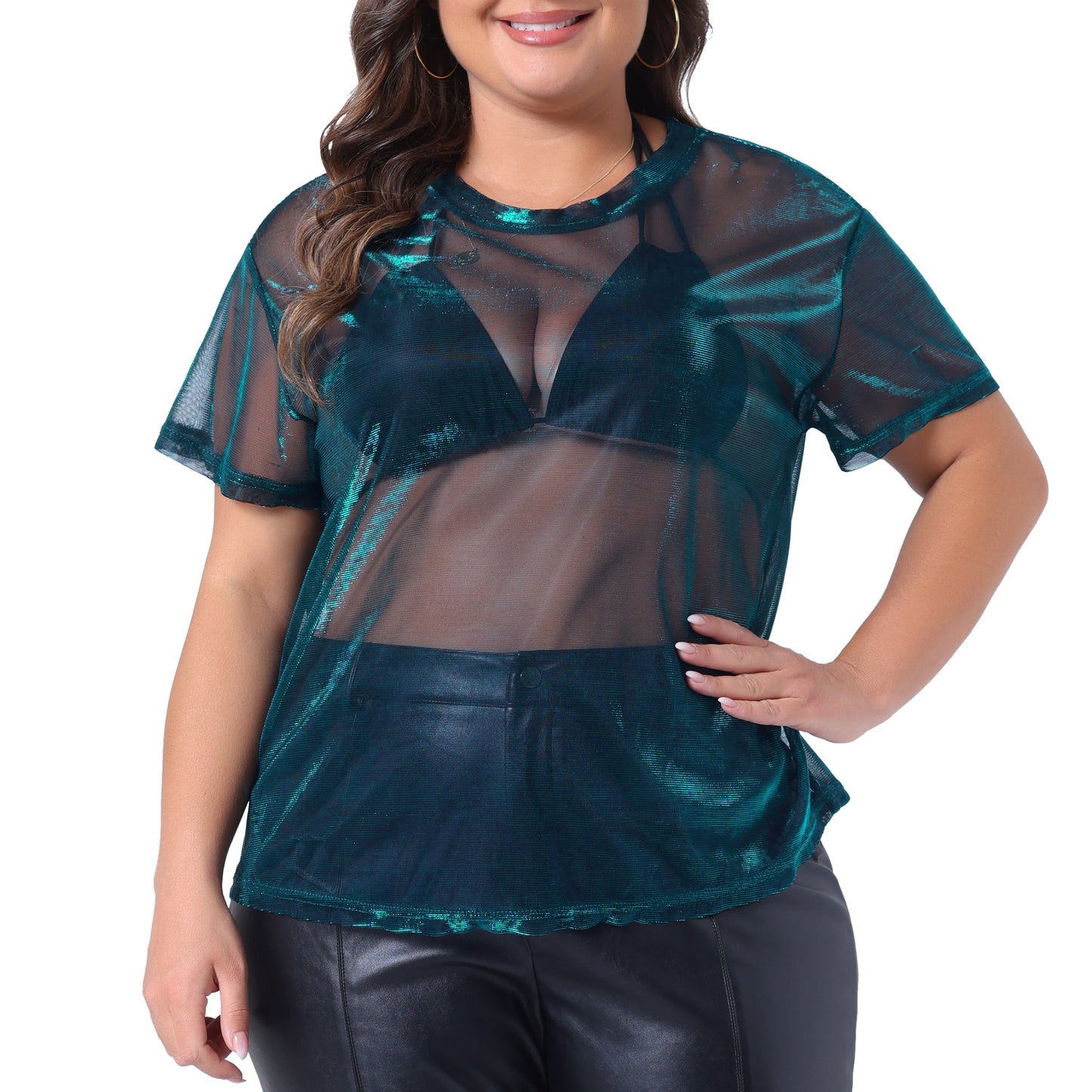 Women Plus Size Party Top Sheer Mesh Holographic See Through Sexy Top