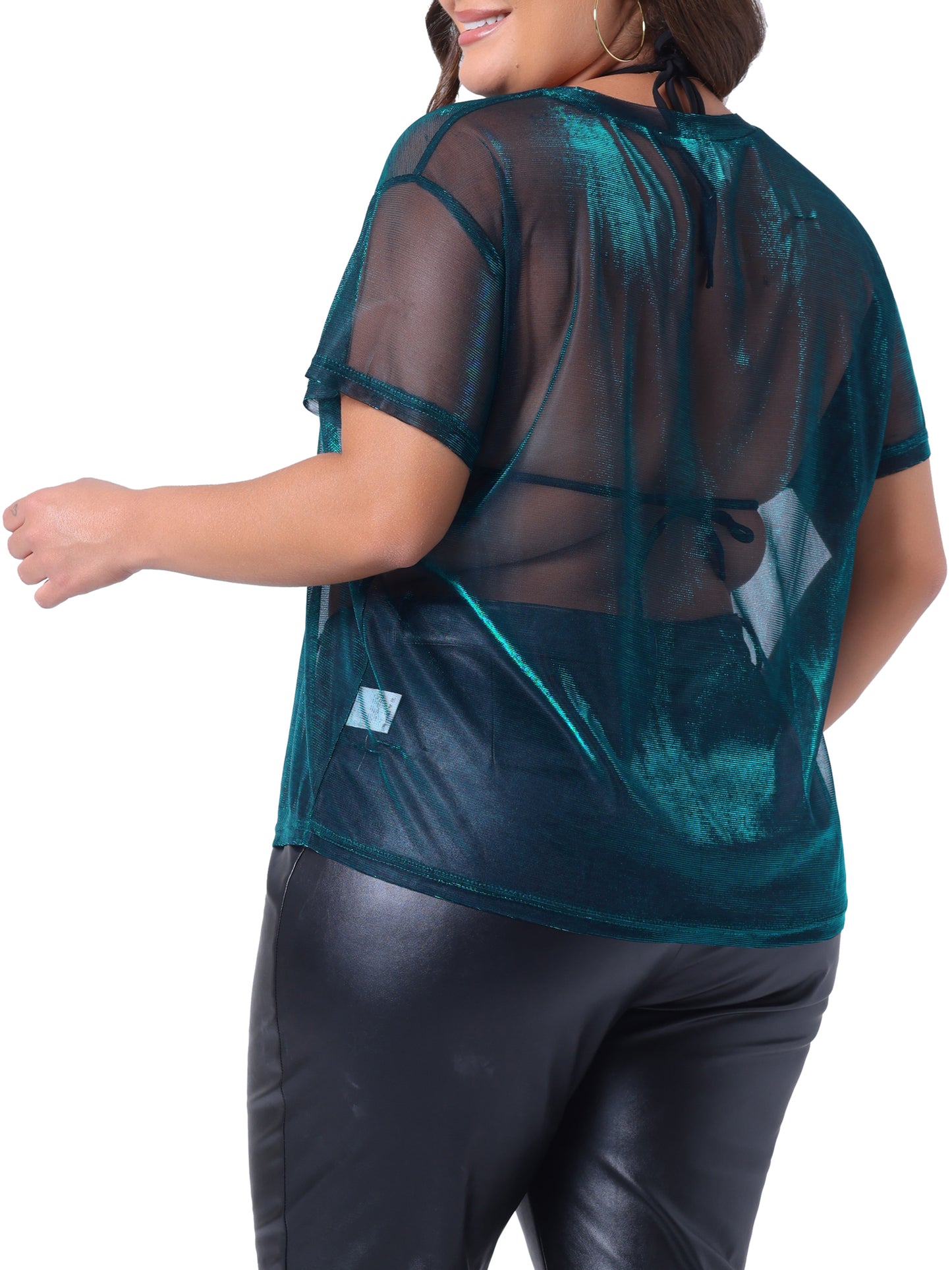 Women Plus Size Party Top Sheer Mesh Holographic See Through Sexy Top
