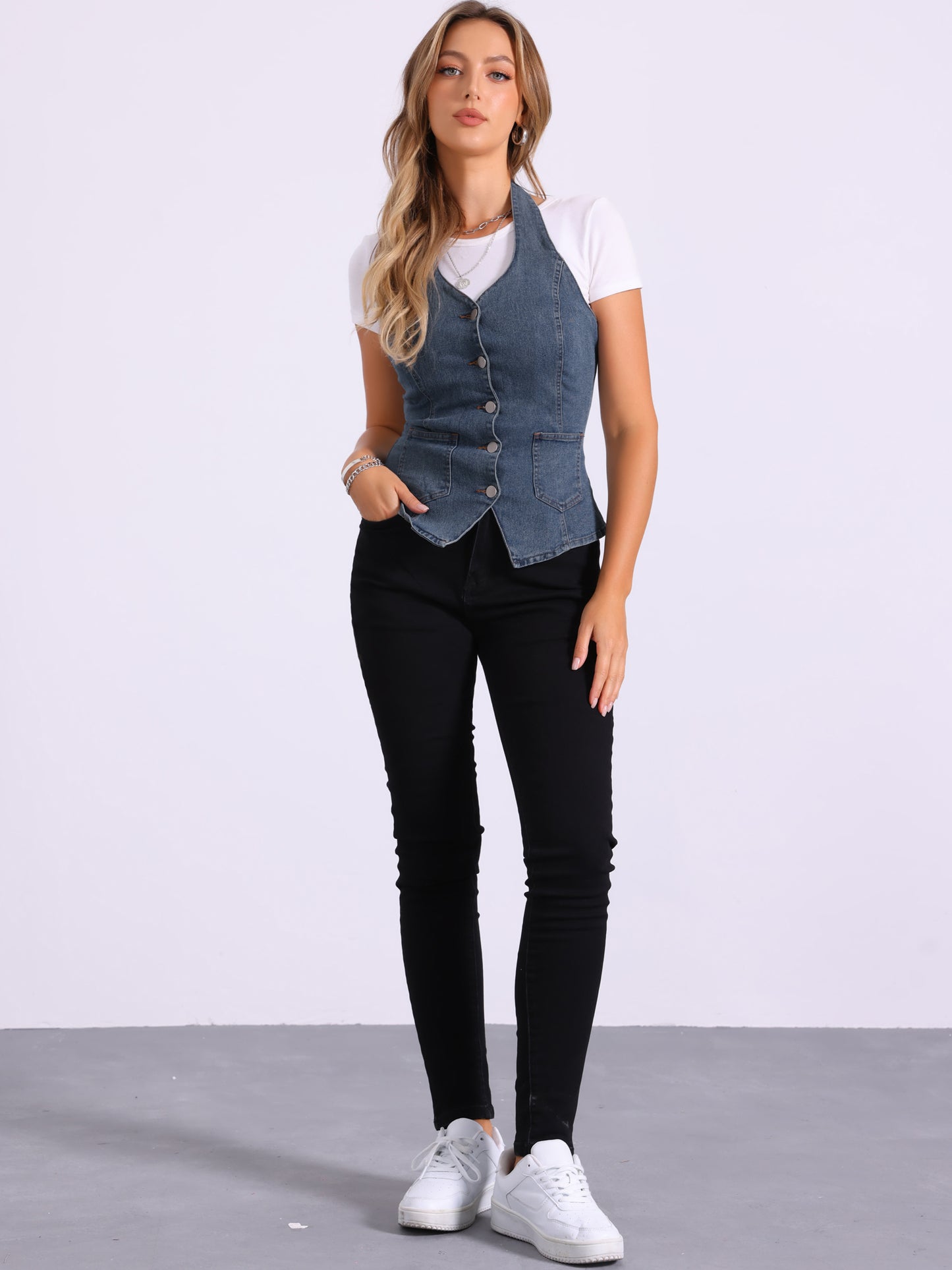 Women's Halter Neck Button Down Backless Denim Vest Waistcoat