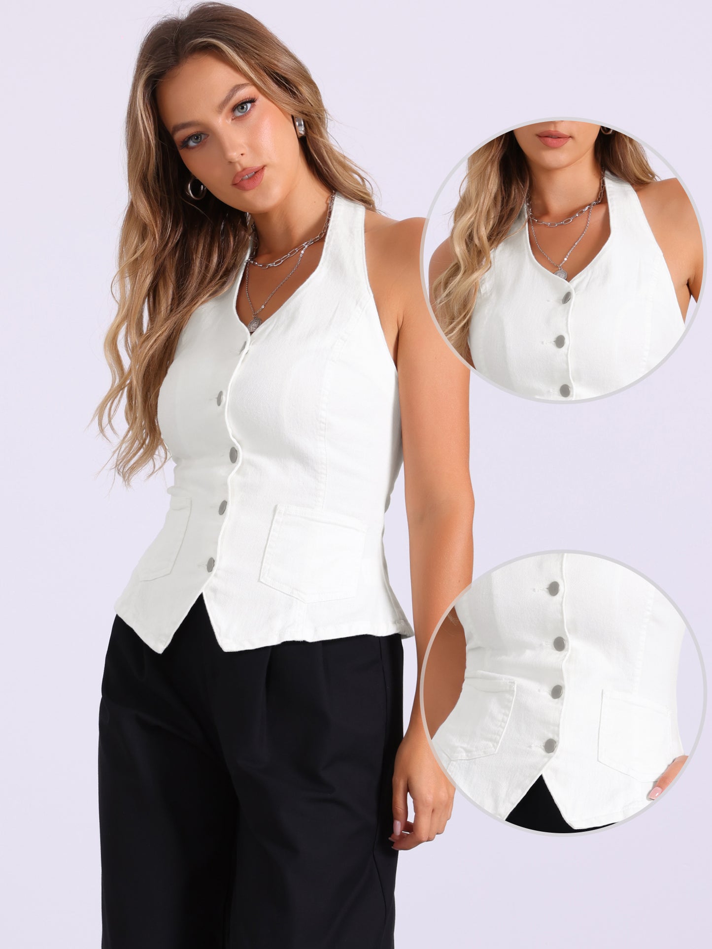 Women's Halter Neck Button Down Backless Denim Vest Waistcoat