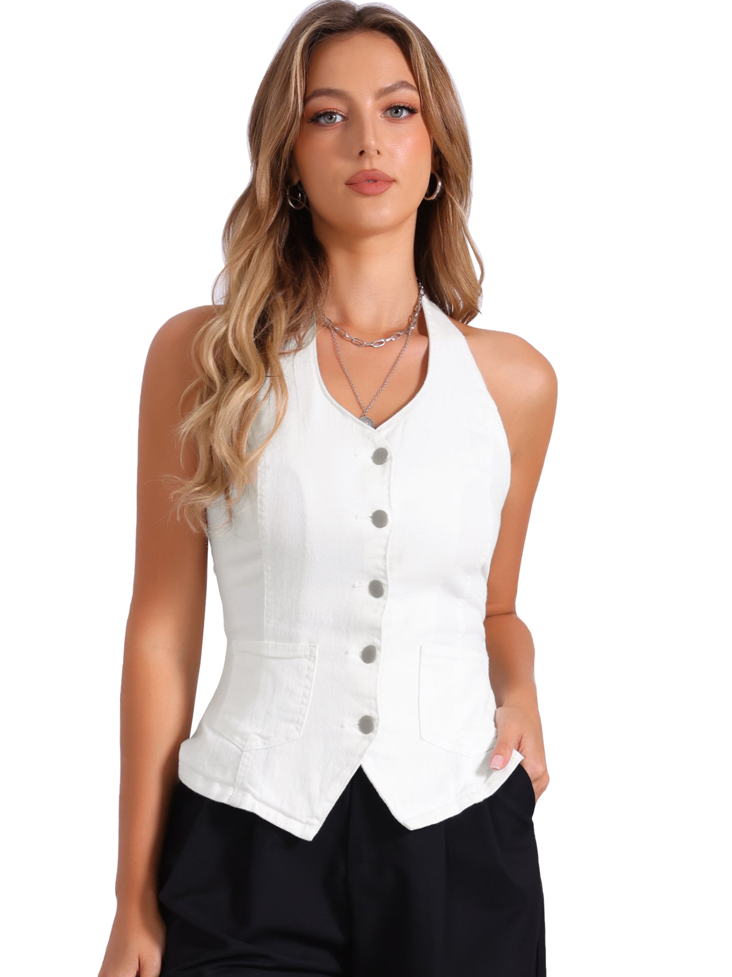 Women's Halter Neck Button Down Backless Denim Vest Waistcoat