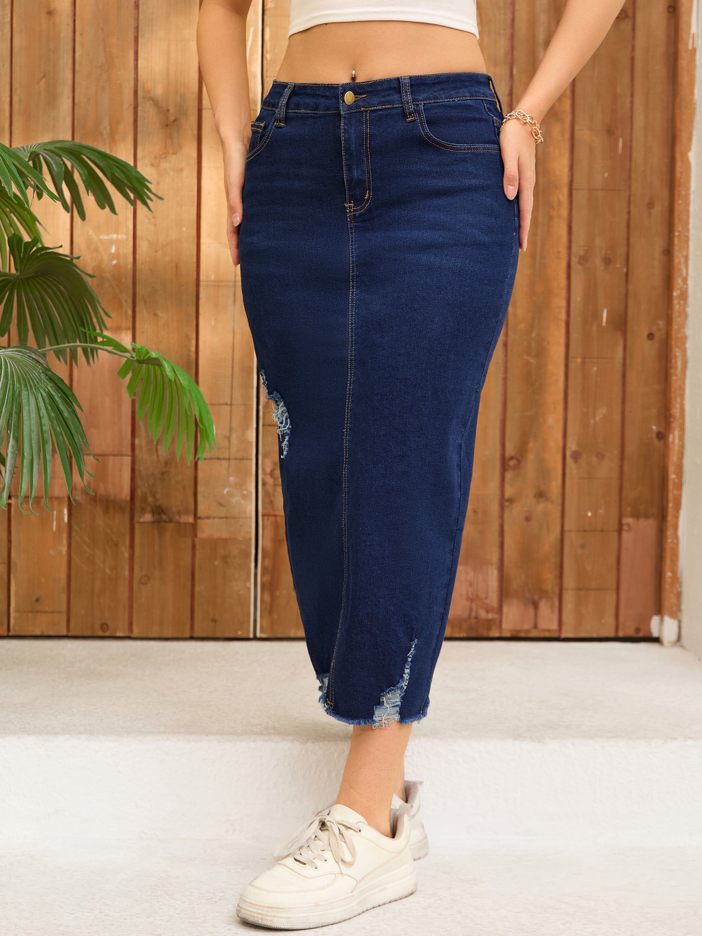 Women's Ripped Raw Hem High Waisted Stretch Midi Denim Skirt