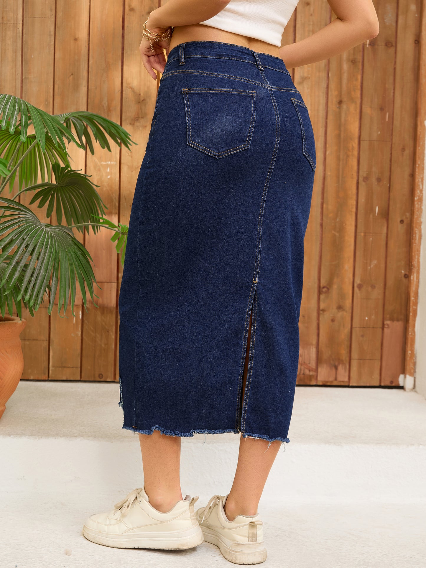 Women's Ripped Raw Hem High Waisted Stretch Midi Denim Skirt