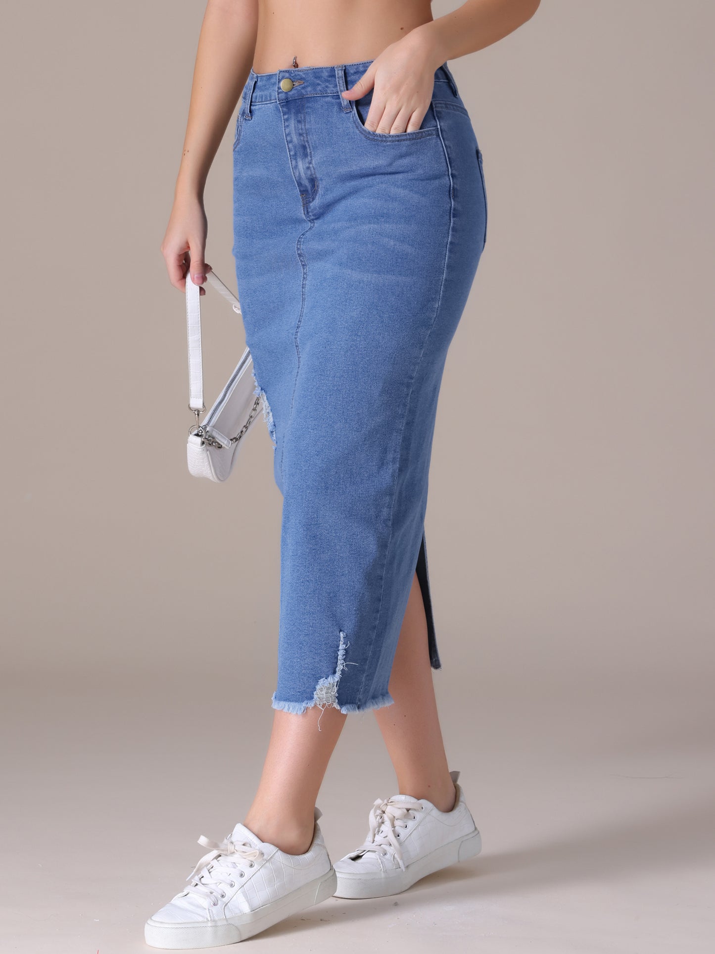 Women's Ripped Raw Hem High Waisted Stretch Midi Denim Skirt