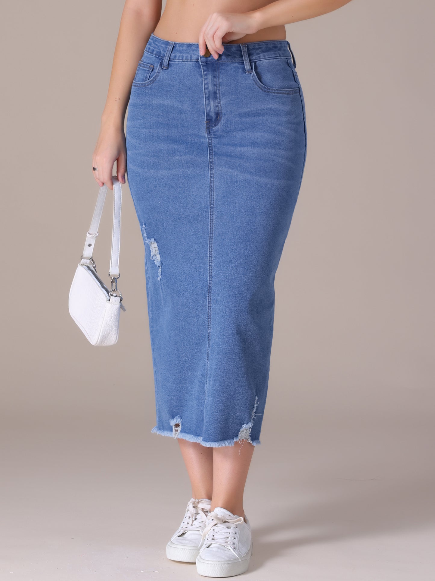 Women's Ripped Raw Hem High Waisted Stretch Midi Denim Skirt
