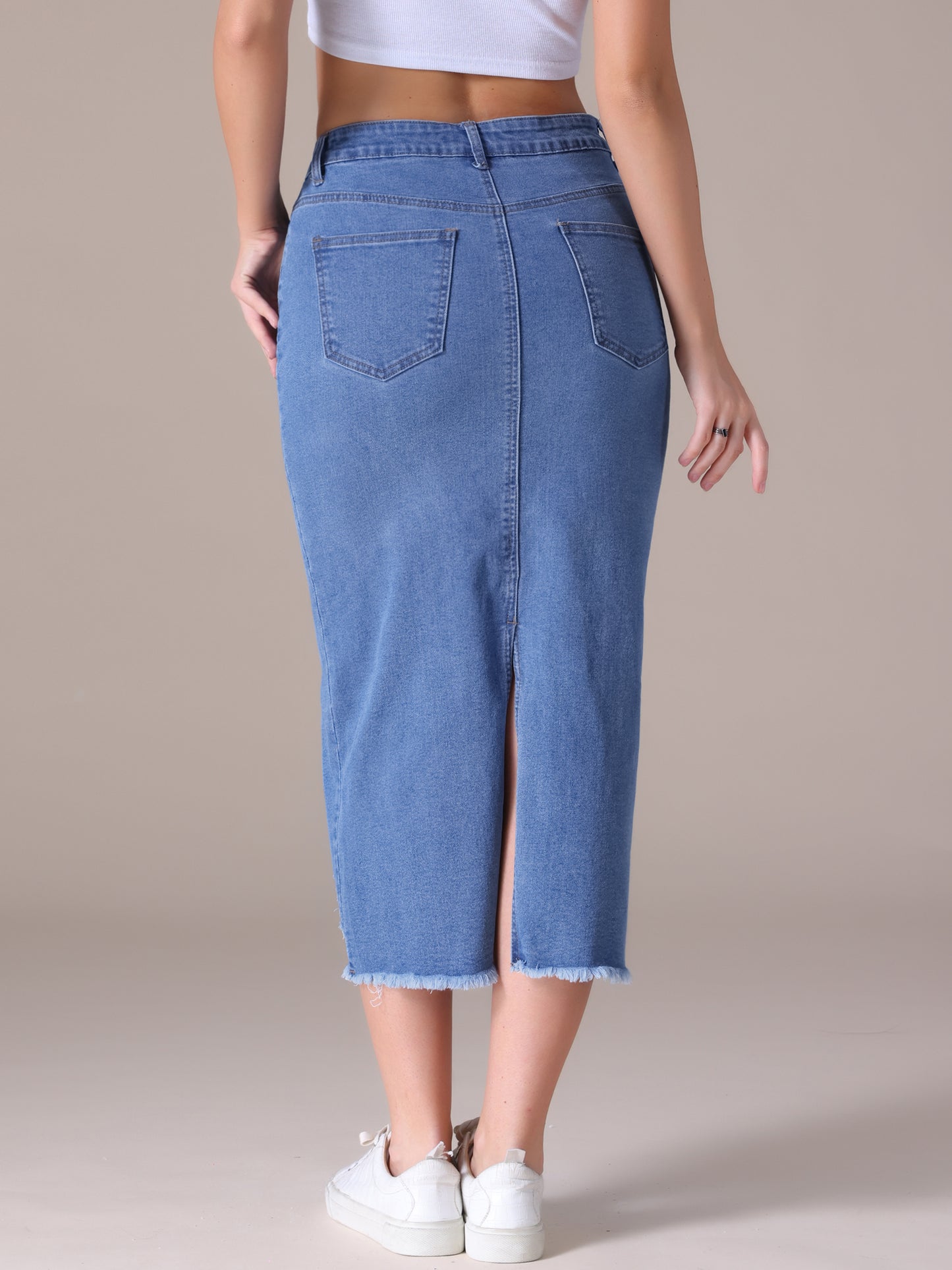 Women's Ripped Raw Hem High Waisted Stretch Midi Denim Skirt