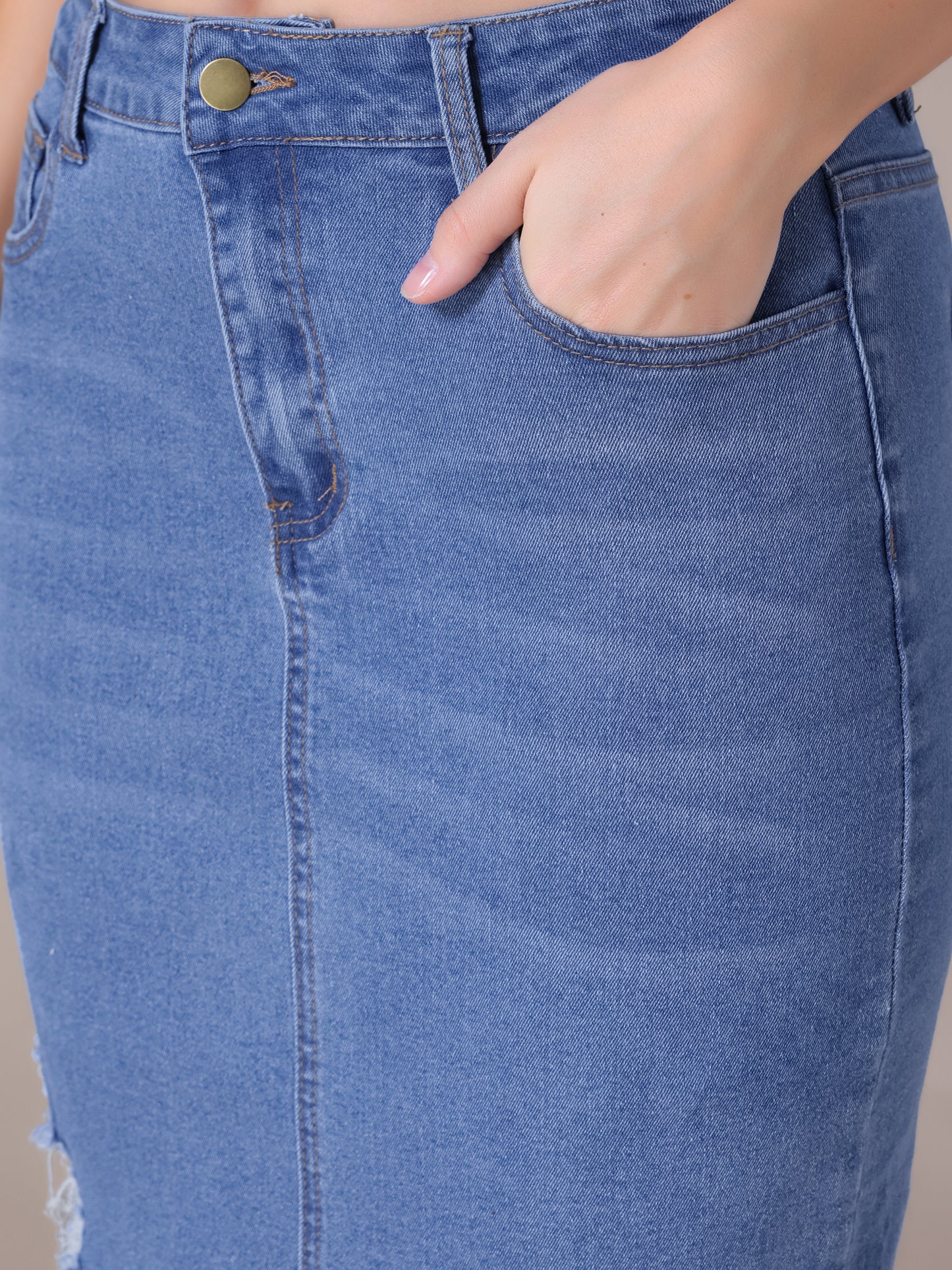 Women's Ripped Raw Hem High Waisted Stretch Midi Denim Skirt