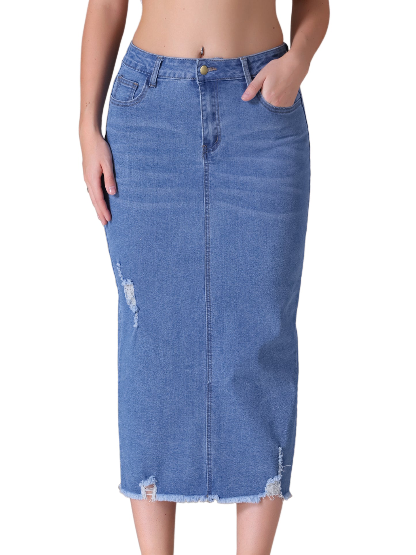 Women's Ripped Raw Hem High Waisted Stretch Midi Denim Skirt