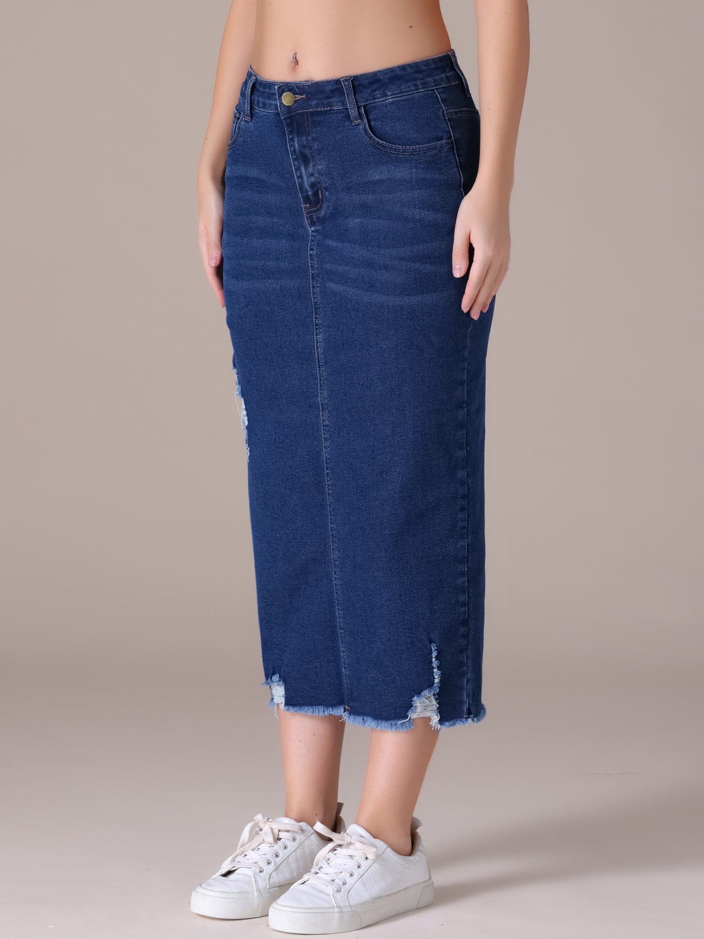 Women's Ripped Raw Hem High Waisted Stretch Midi Denim Skirt