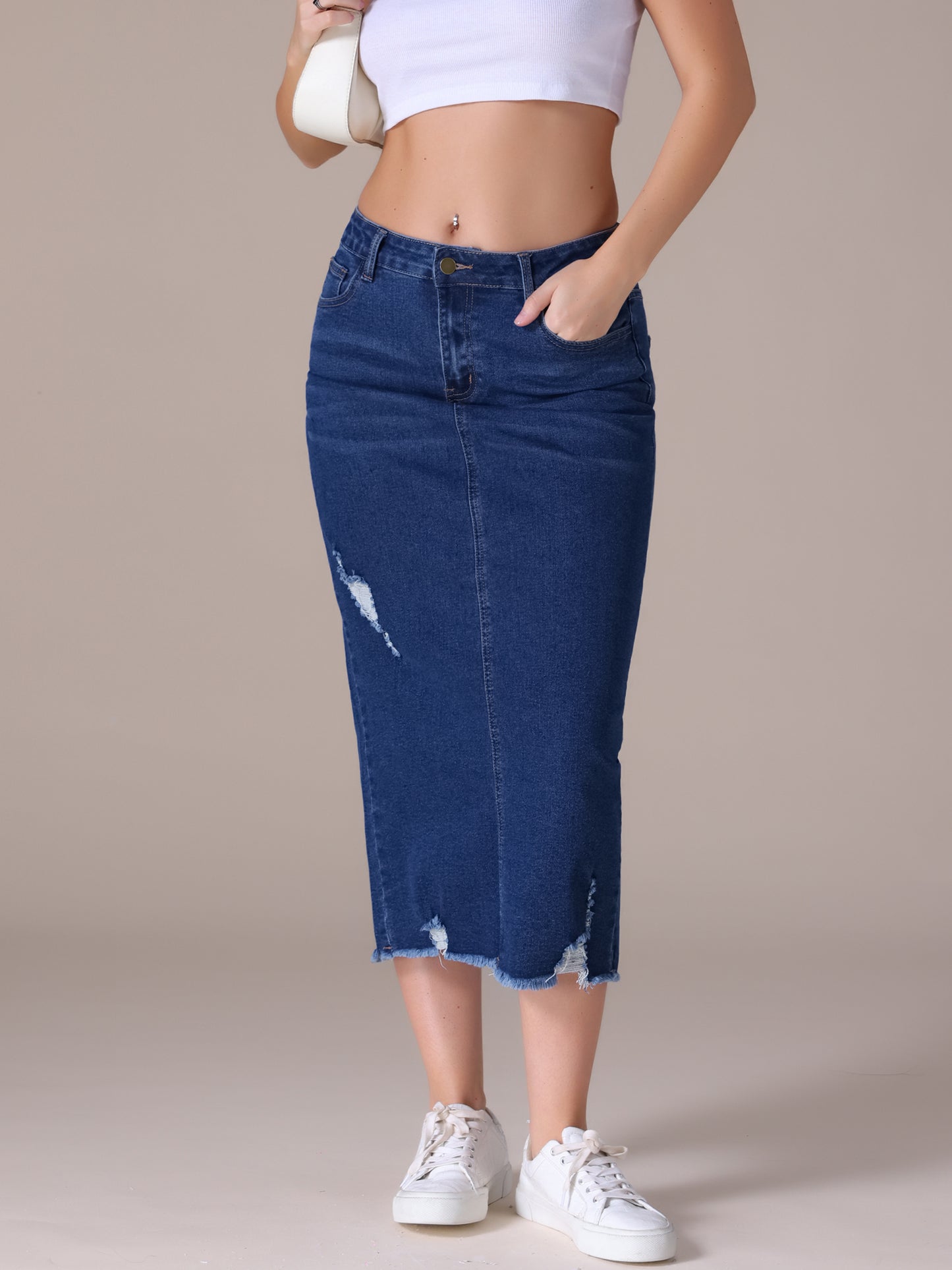 Women's Ripped Raw Hem High Waisted Stretch Midi Denim Skirt