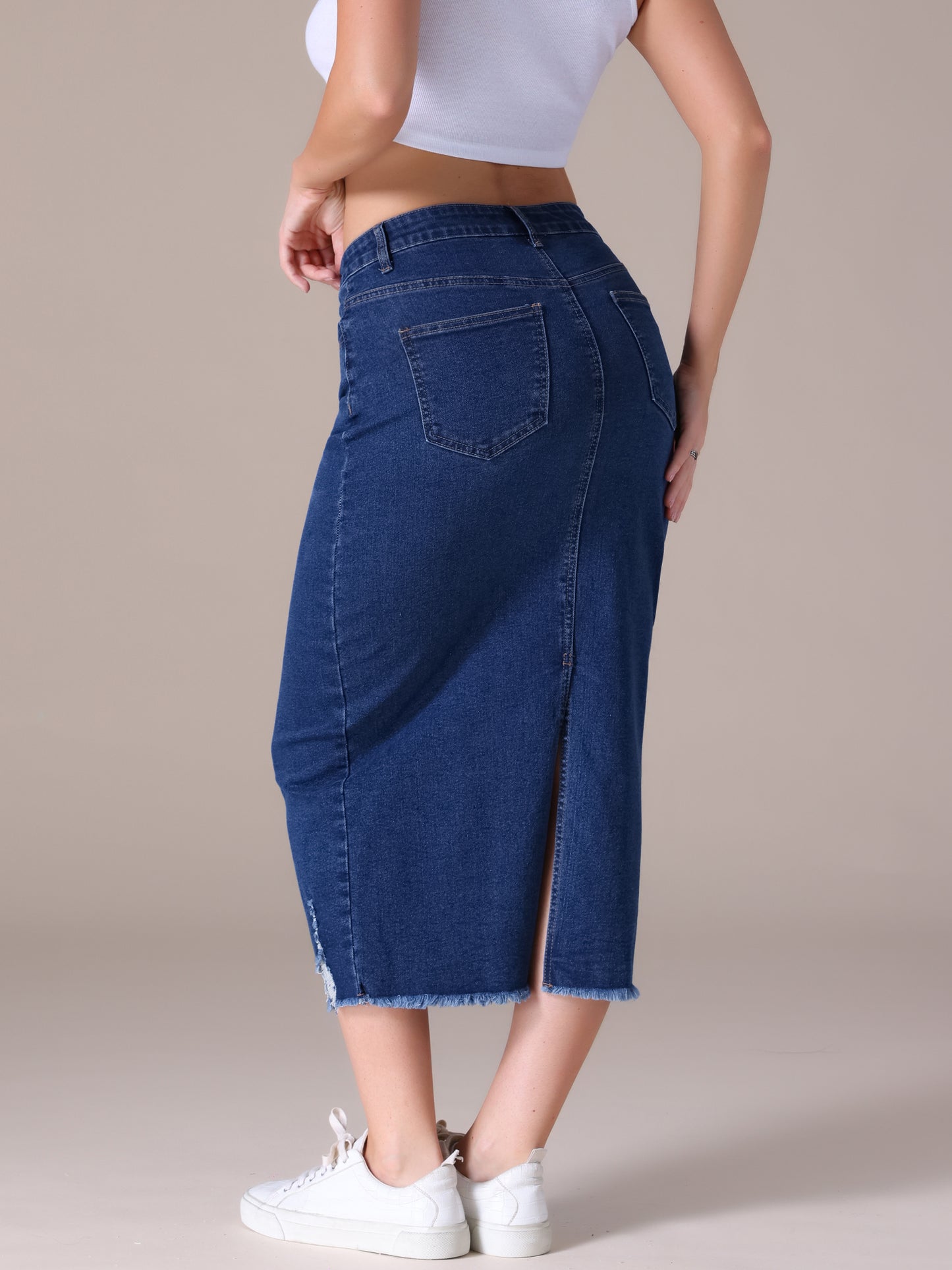 Women's Ripped Raw Hem High Waisted Stretch Midi Denim Skirt