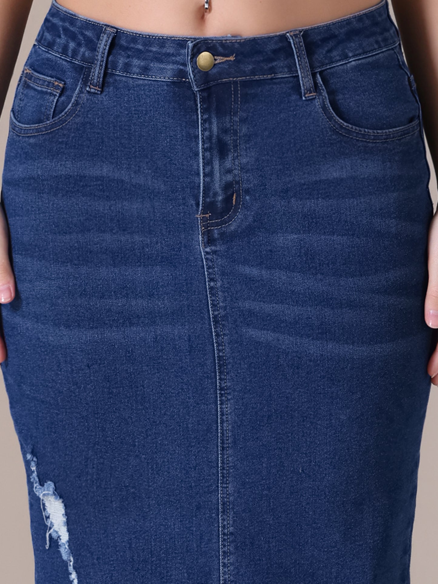 Women's Ripped Raw Hem High Waisted Stretch Midi Denim Skirt