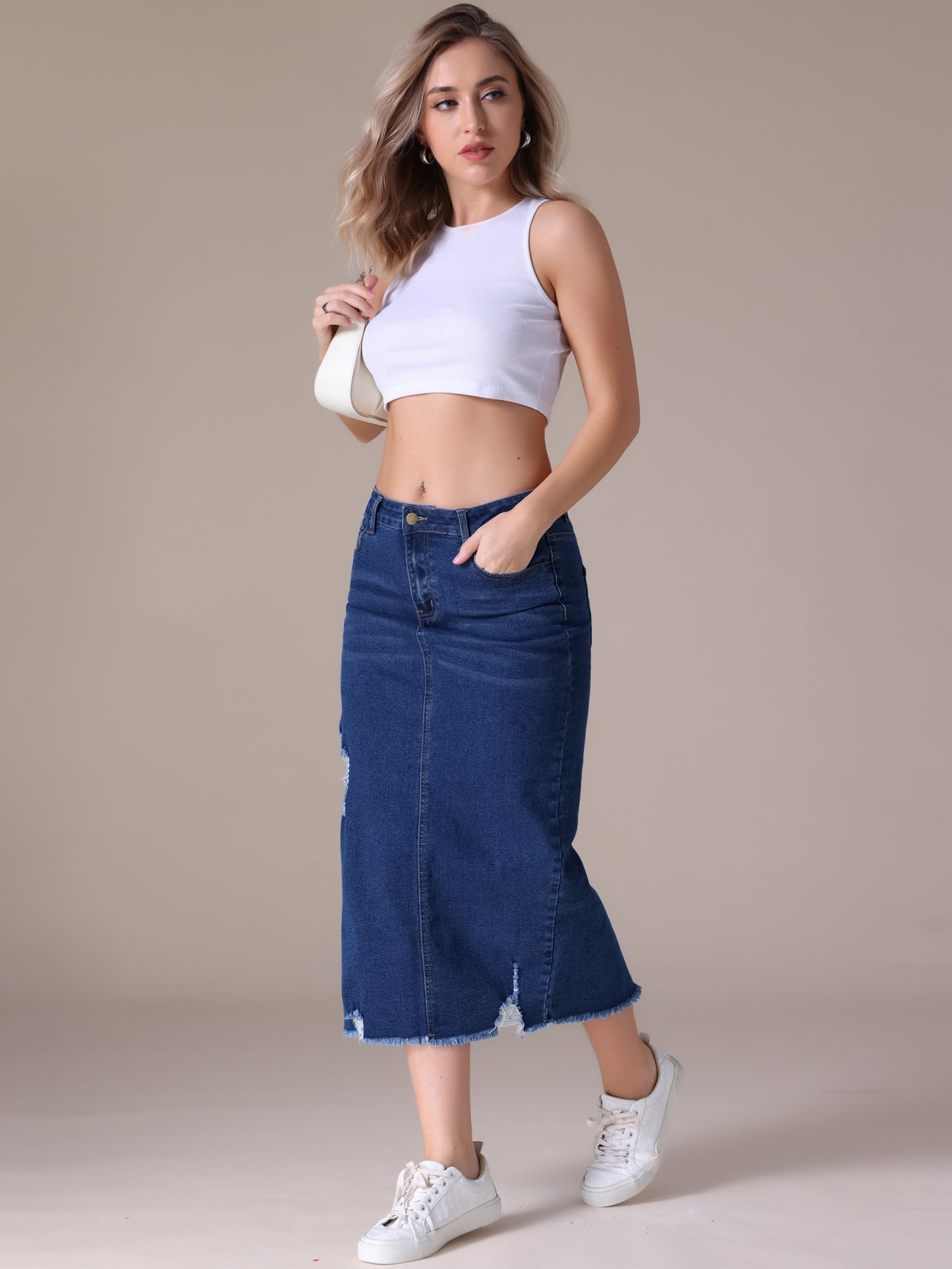 Women's Ripped Raw Hem High Waisted Stretch Midi Denim Skirt