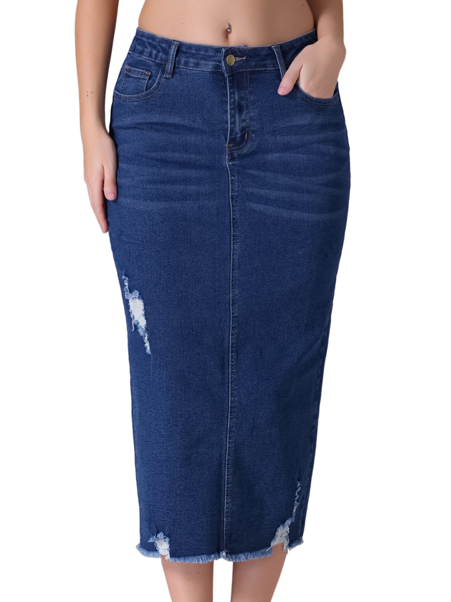 Women's Ripped Raw Hem High Waisted Stretch Midi Denim Skirt