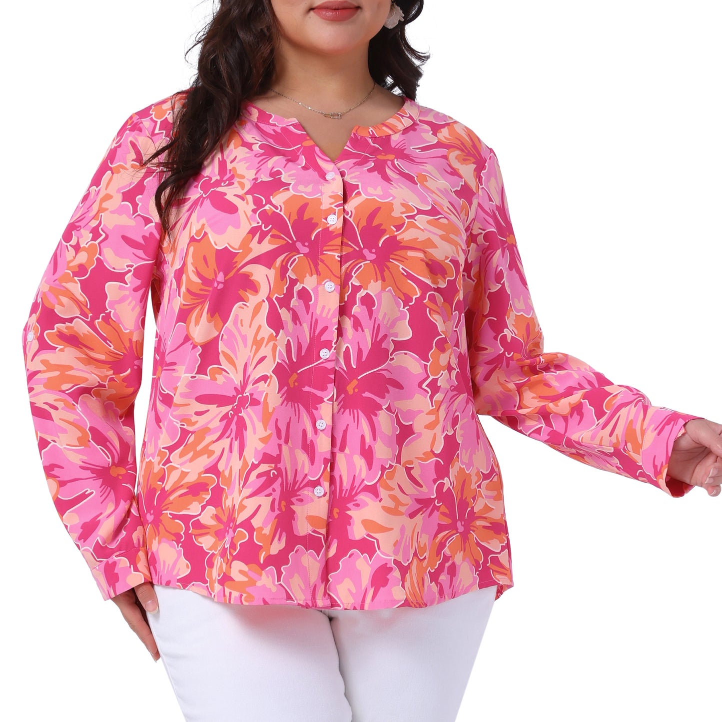 Women Plus Size Boho Floral Tops Long Sleeve Notched V Neck Button Down Shirt