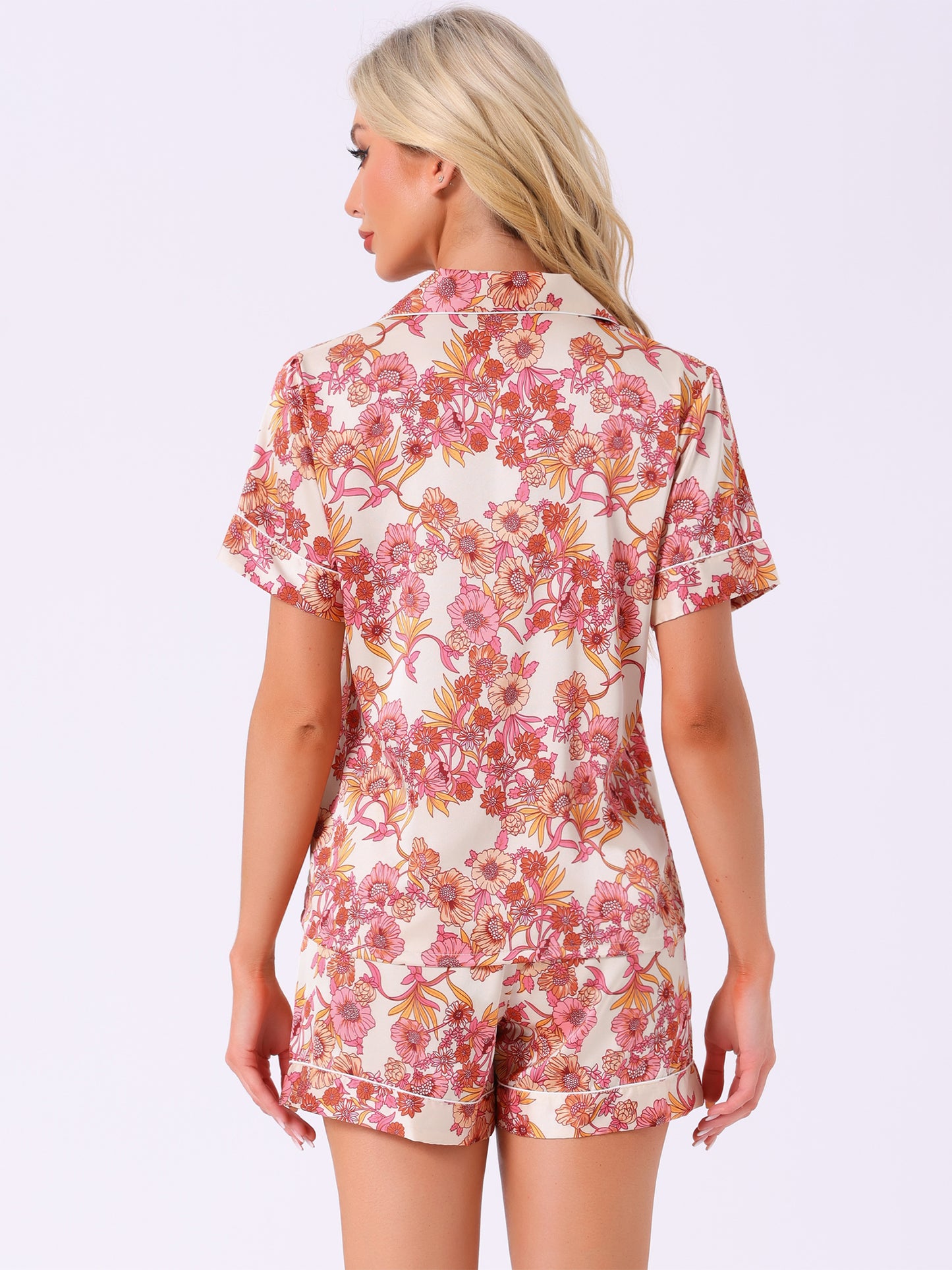Women's Summer Loungewear Sleepwear Button Down Hawaiian Shirt with Shorts Pajama Set