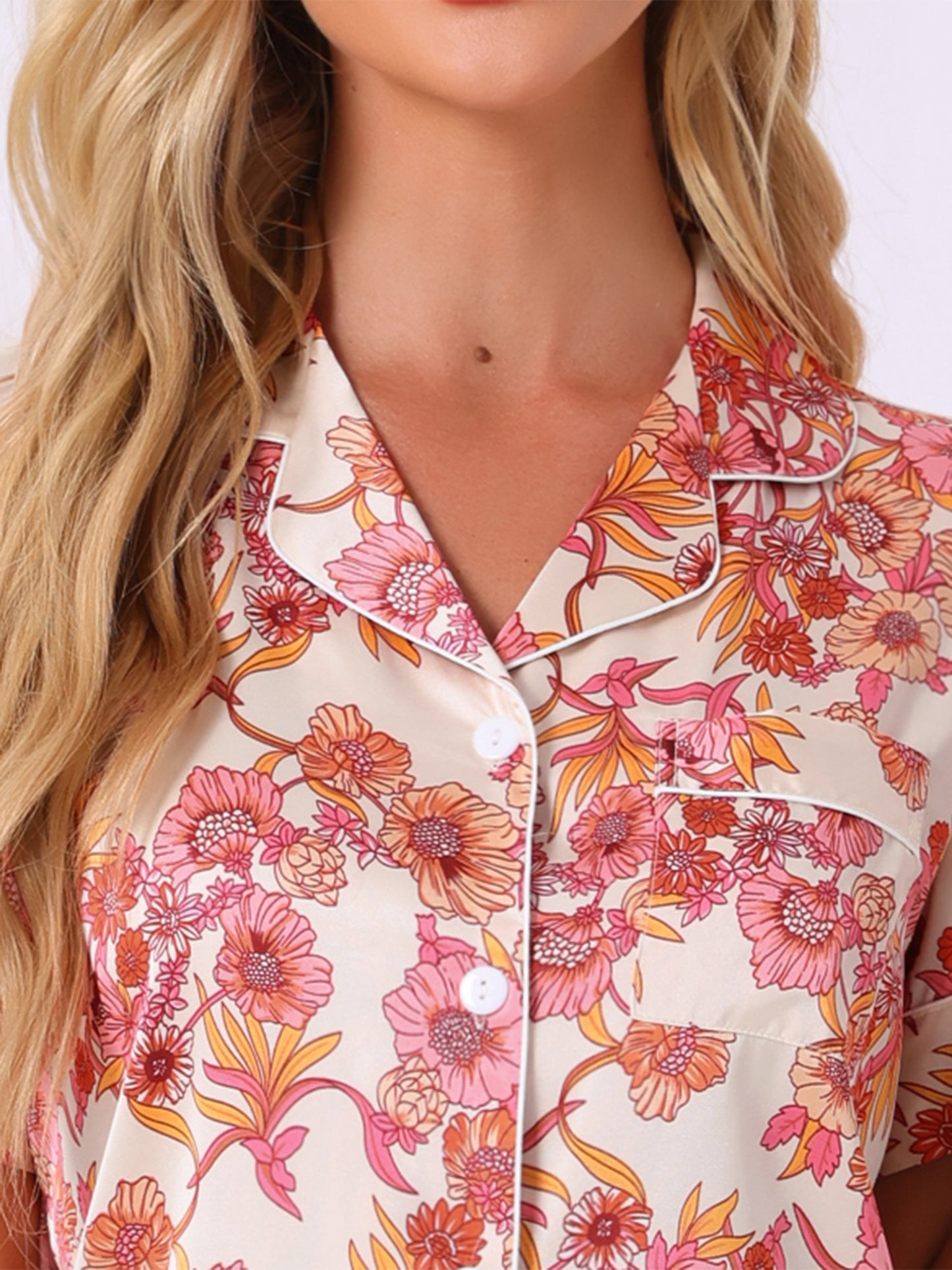 Women's Summer Loungewear Sleepwear Button Down Hawaiian Shirt with Shorts Pajama Set