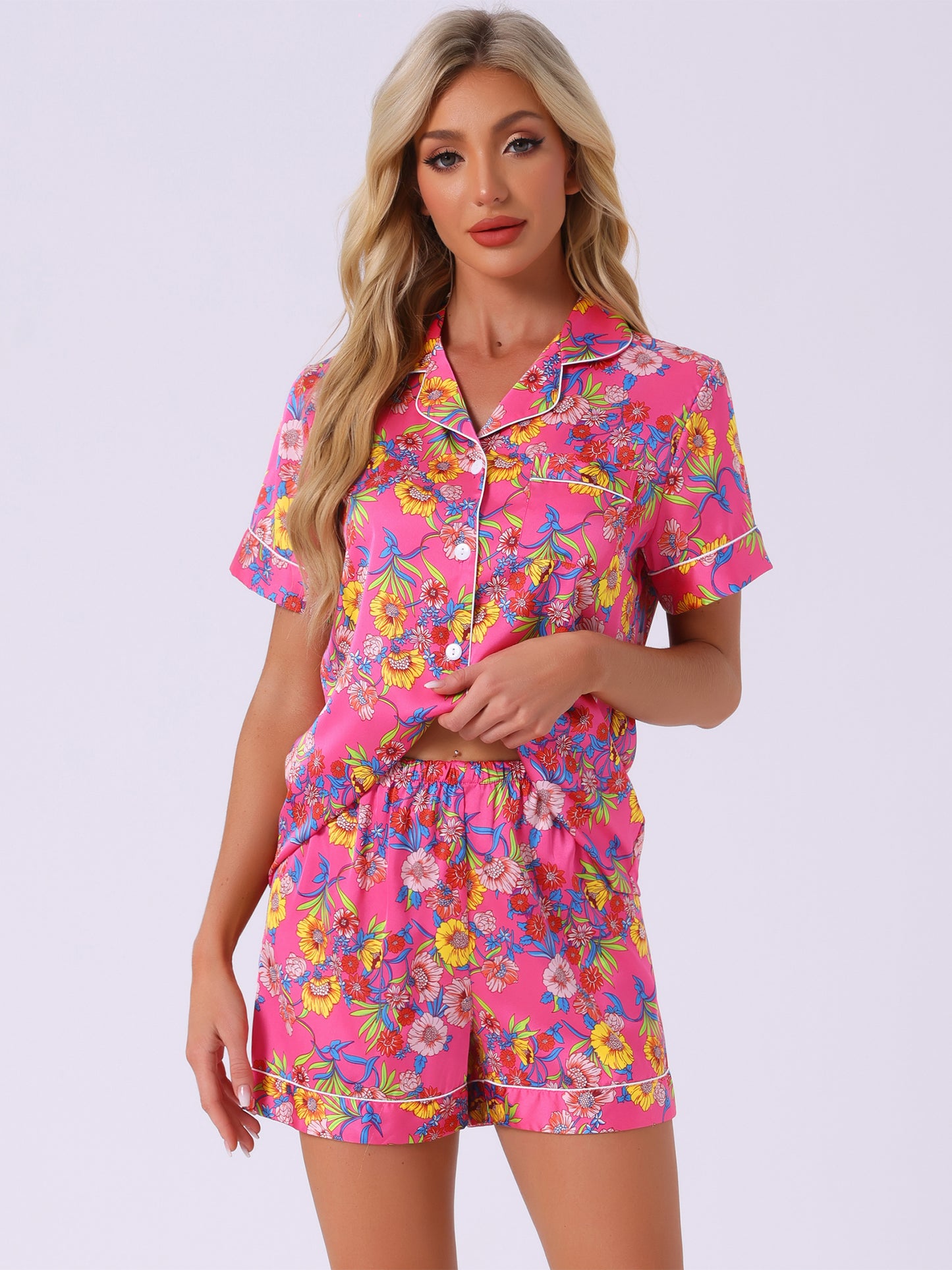 Ensemble pyjama d'été pour femme, chemise hawaïenne boutonnée avec short
